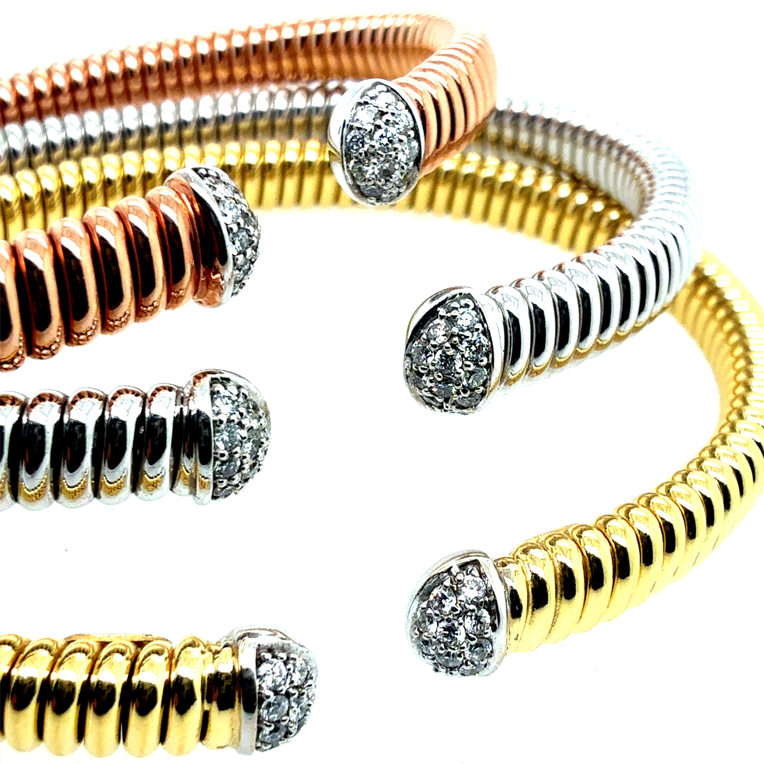 Modern Italian Tricolor 18K Gold 0.75ct Natural Diamond Stack Bracelet by HERCO