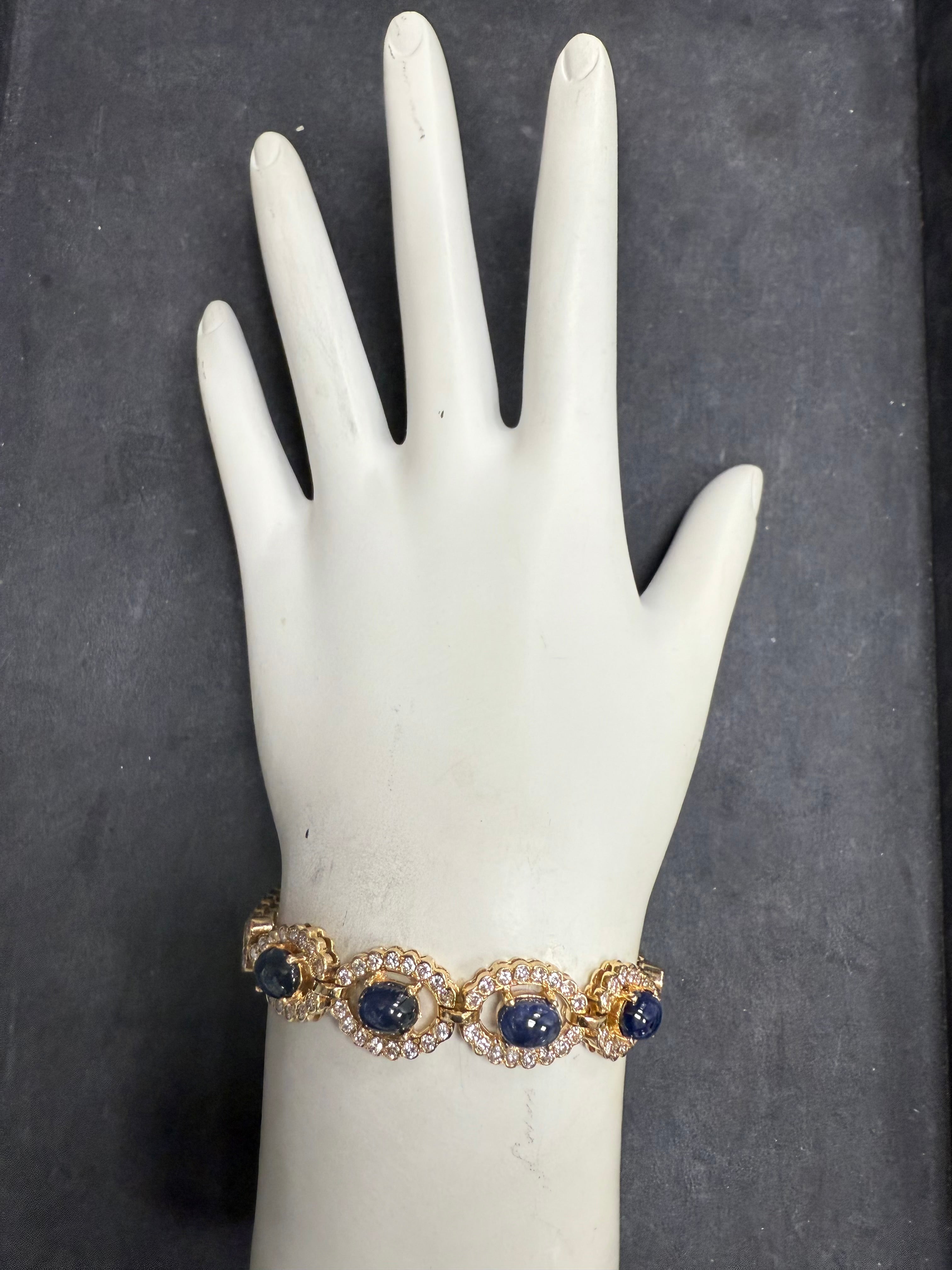 Retro Gold 6 Carat Natural Diamond & Blue Sapphire CAB Bracelet Circa 1980