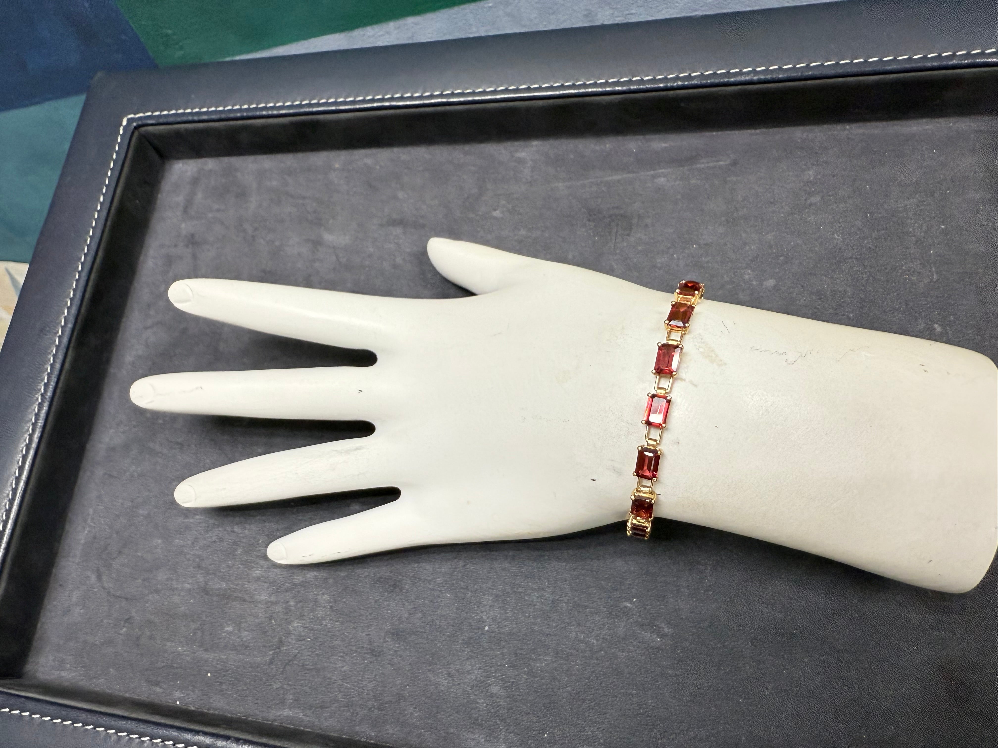 Retro Yellow Gold Reddish Garnet-Like Emerald Cut Tennis Bracelet