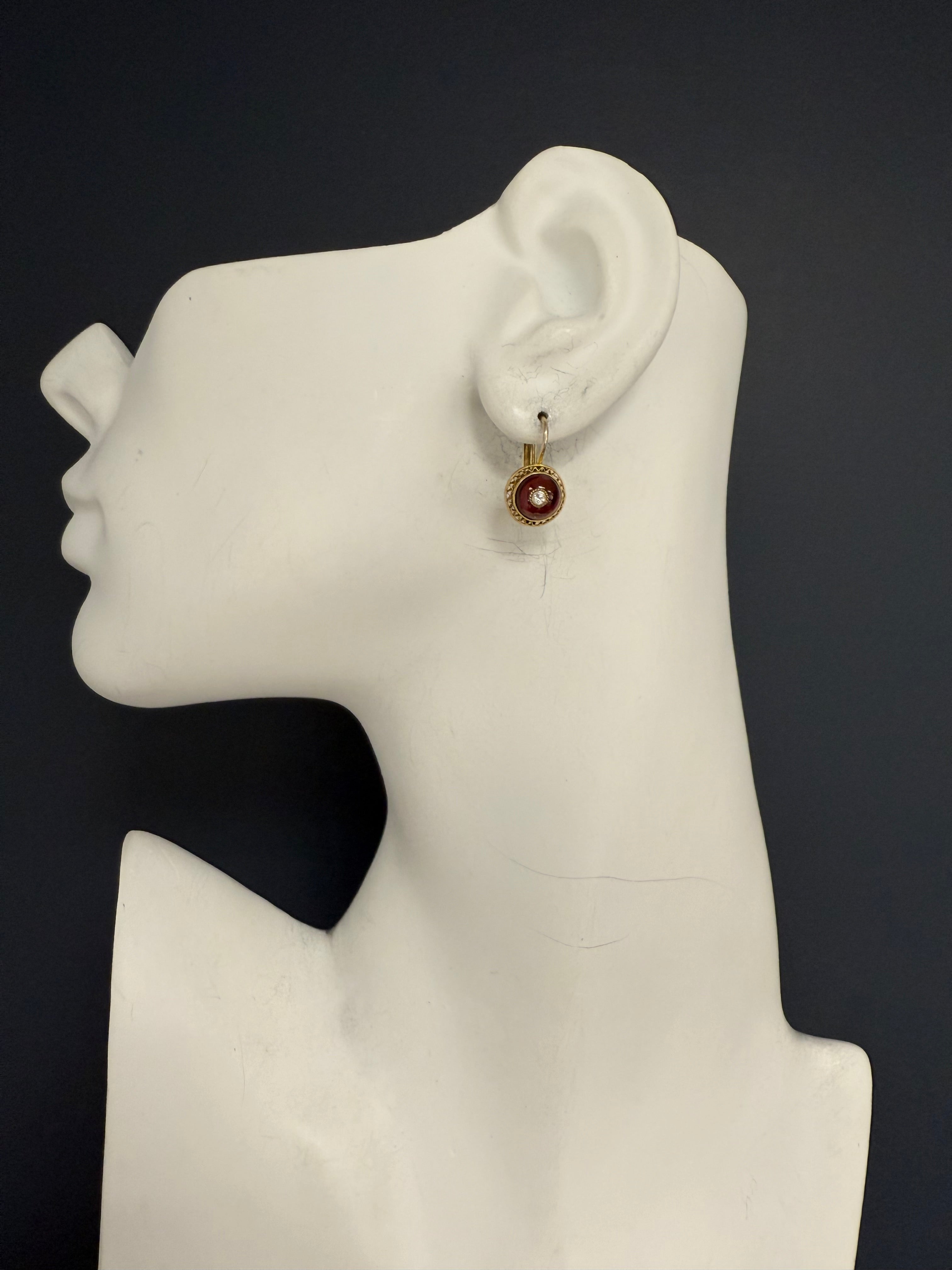 Retro Yellow Gold Natural Diamond And Red Enamel Filigree Earrings Circa 1960
