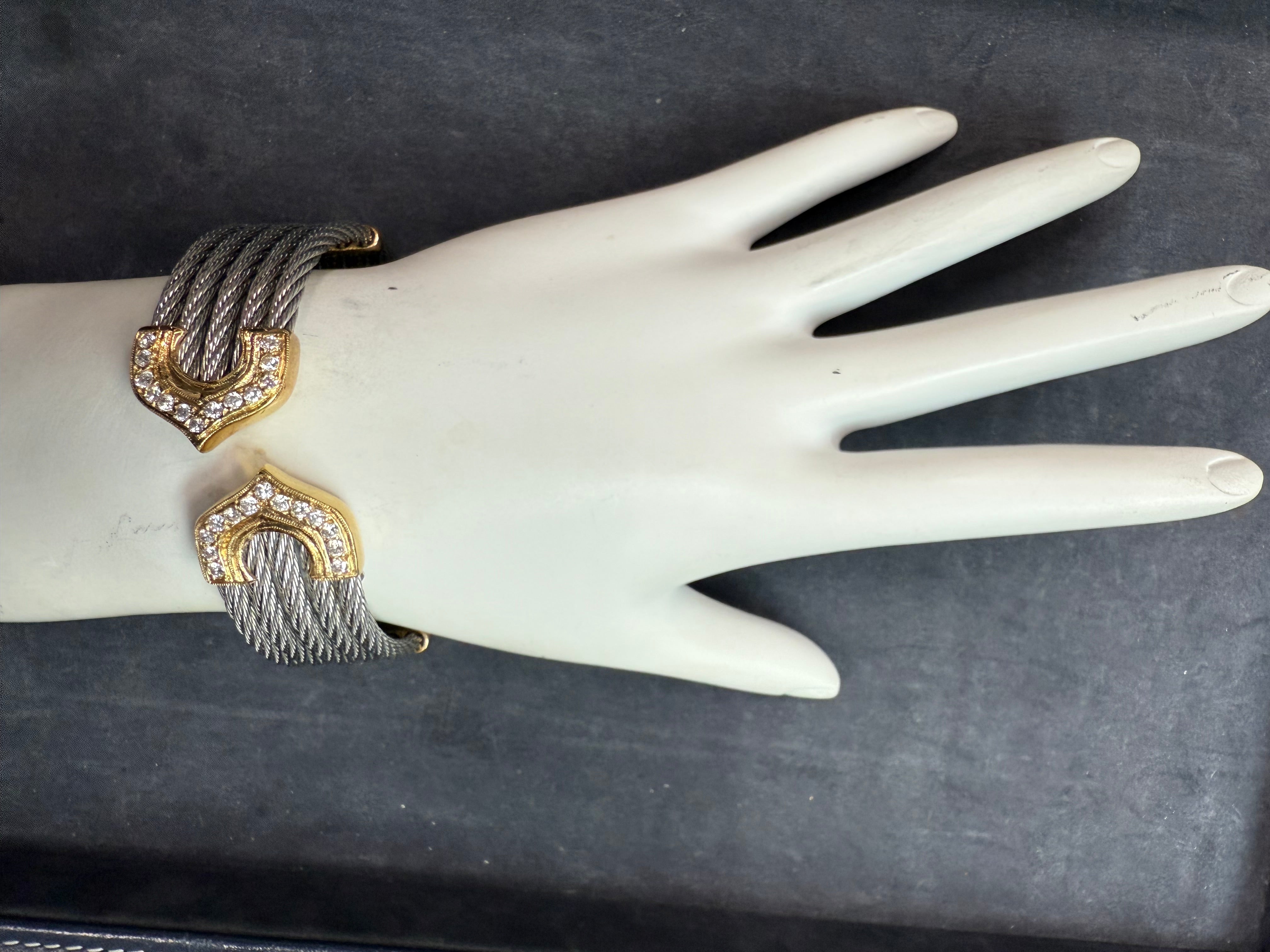 Retro Yellow Gold & Steel 0.50 Carat Natural Diamond Flexible Cuff Italy 1990
