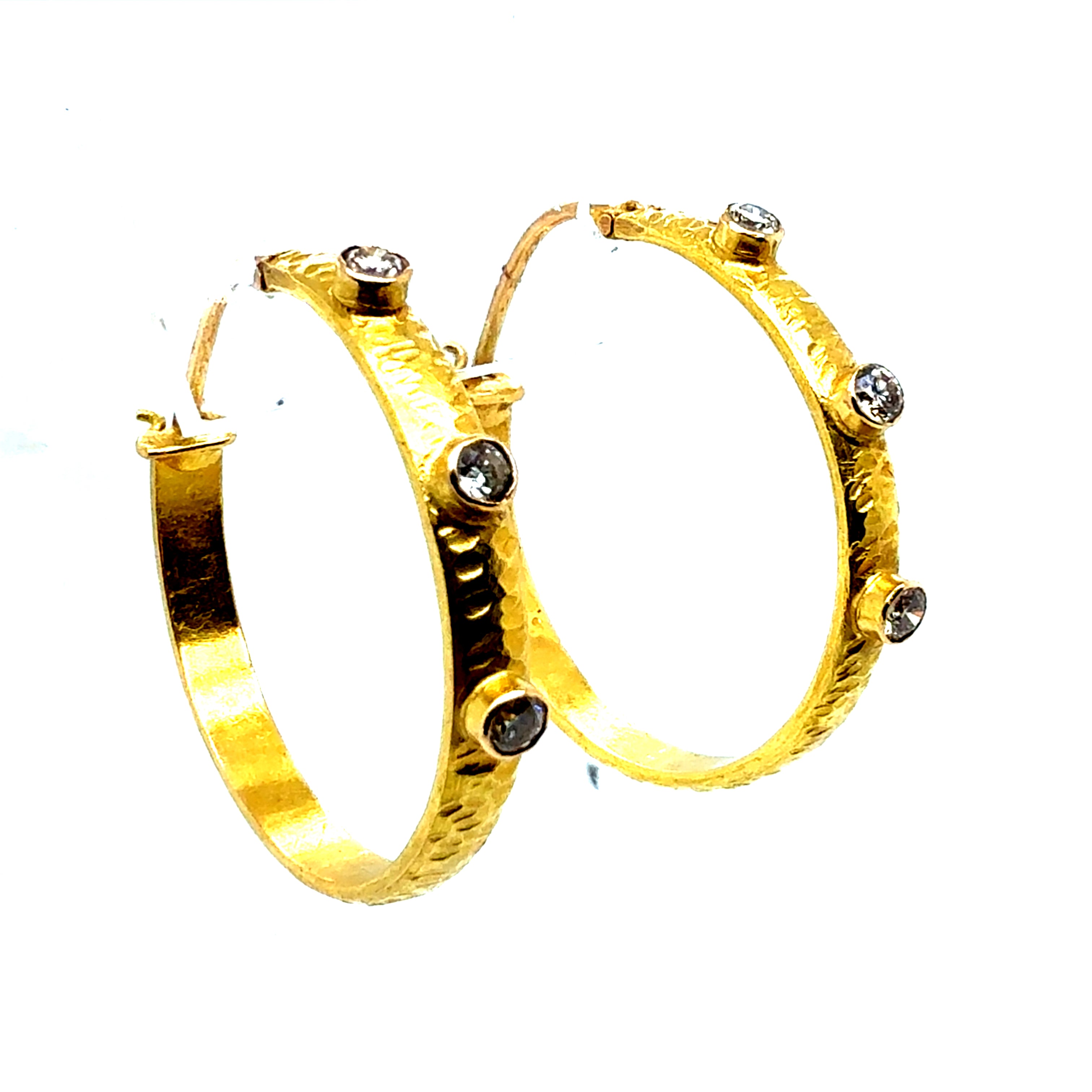Retro Gold 0.30 Carat Natural Colorless Diamond Hammered Hoop Earrings