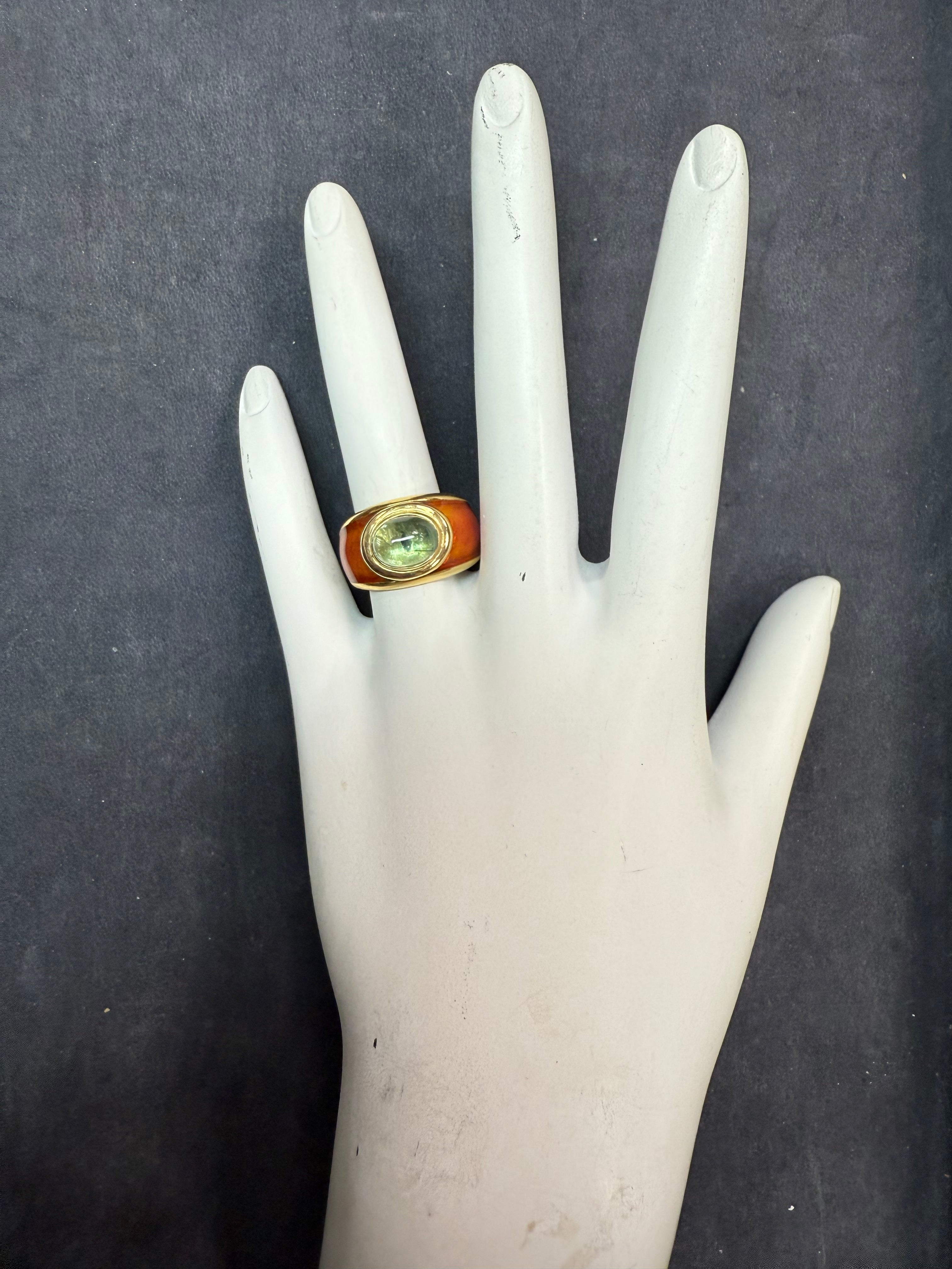 Retro Yellow Gold Tourmaline Cabochon with Caramel Enamel Statement Ring
