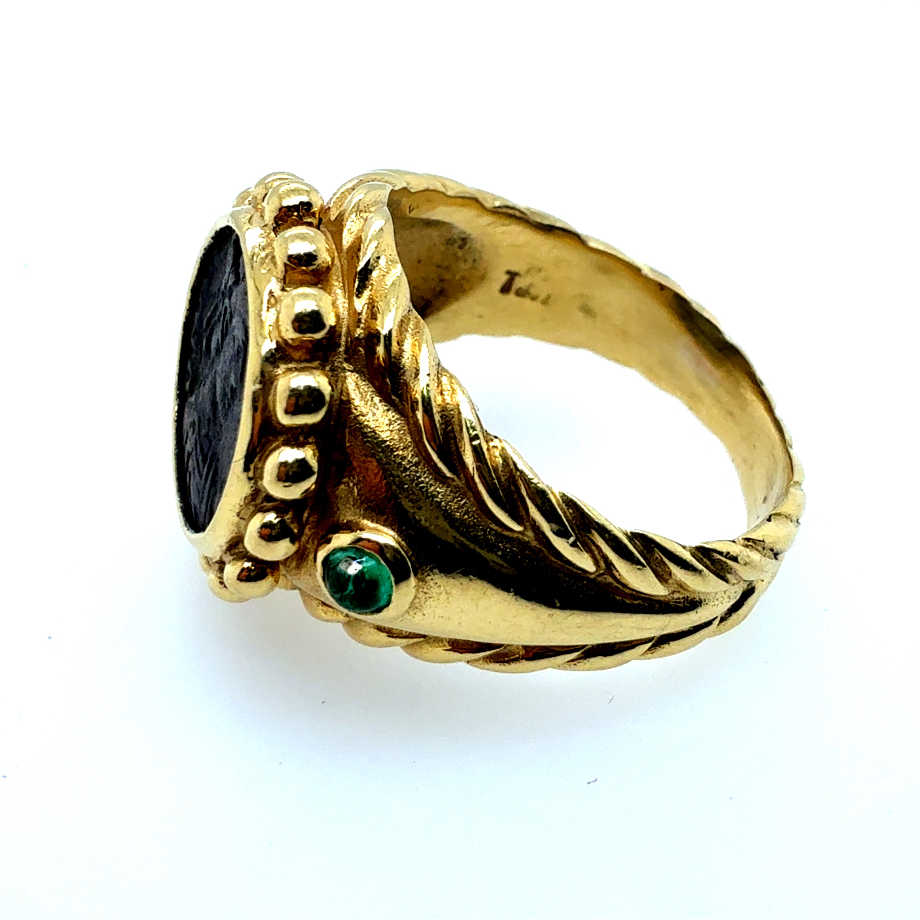 Retro Gold Roman Coin with Natural Emerald Statement Ring Circa 1980