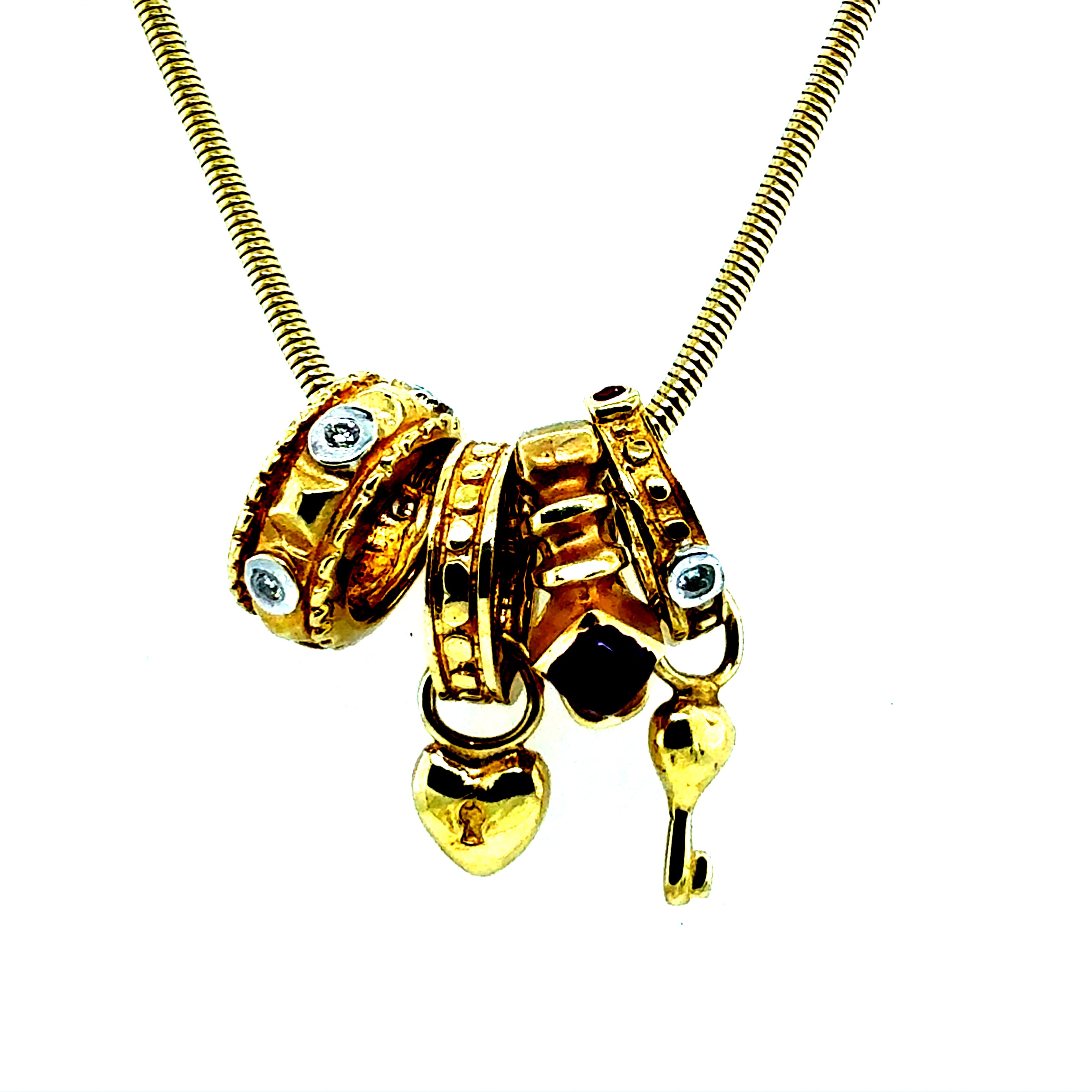 Retro Yellow Gold Designer Gemstone Charm Statement Necklace Circa 1980