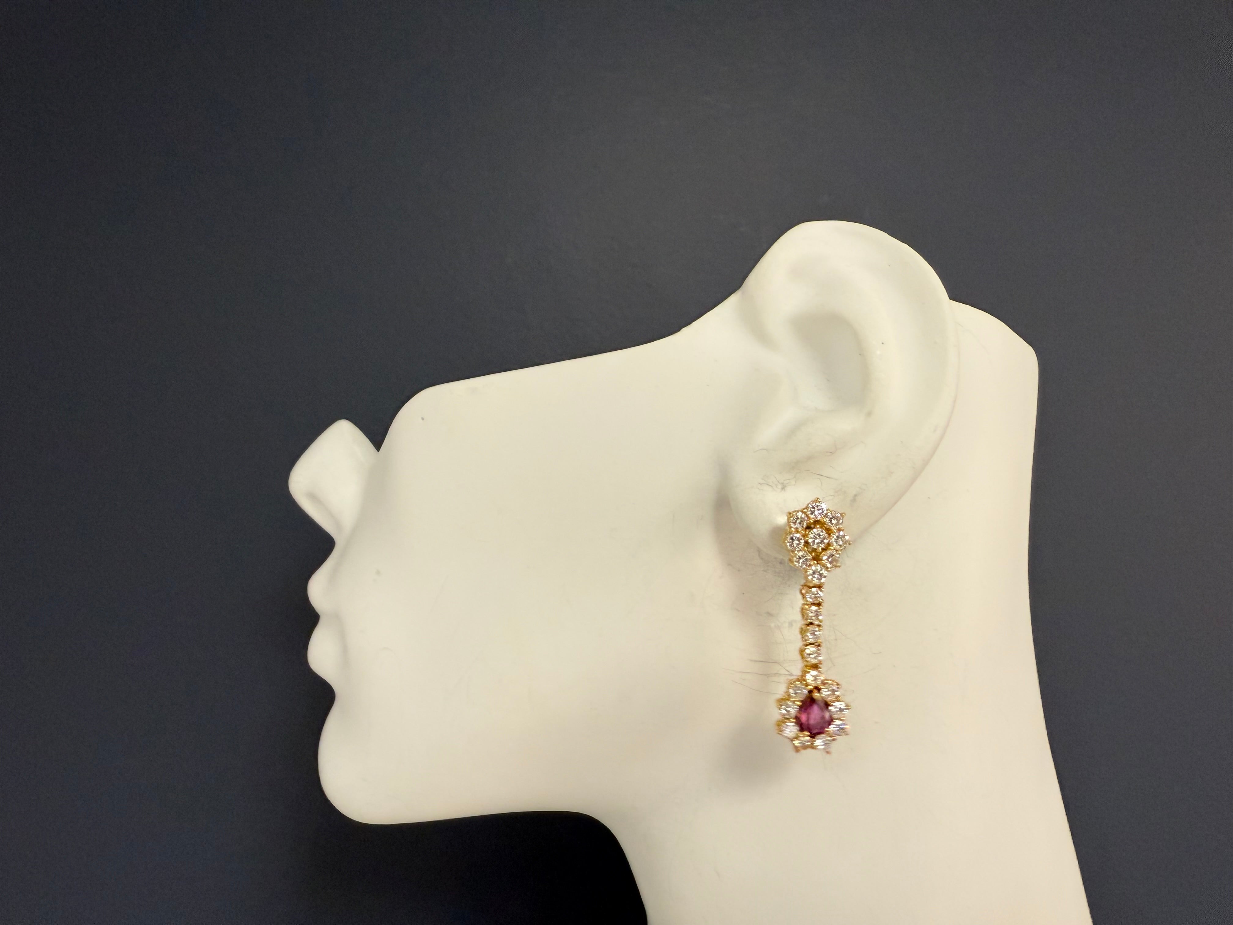 Retro Gold 4.5 Carat Natural Diamond & Thai Ruby Drop Earrings Circa 1975