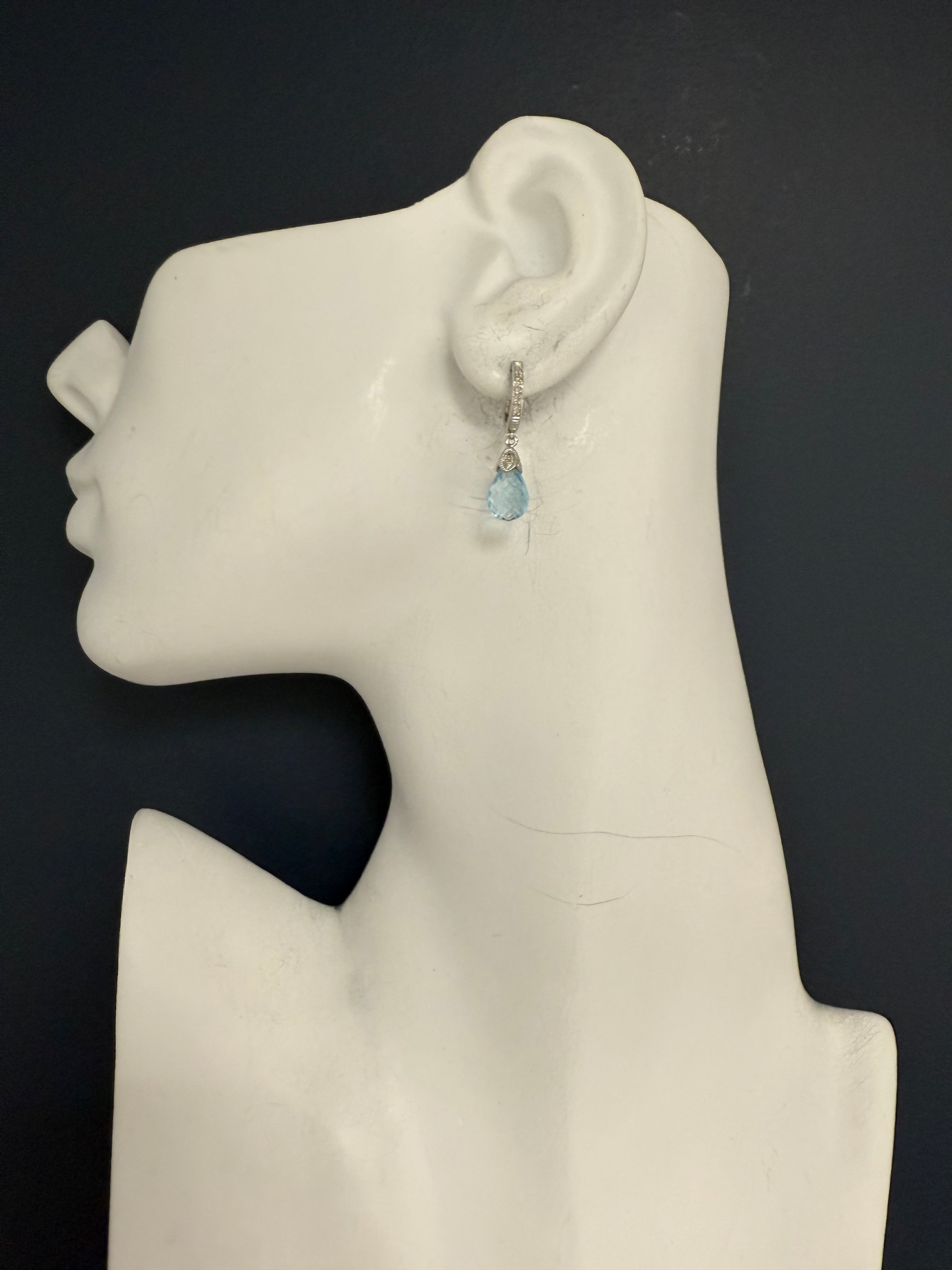 Modern 14K White Gold Blue Topaz Briolette & Natural Diamond Drop Earrings