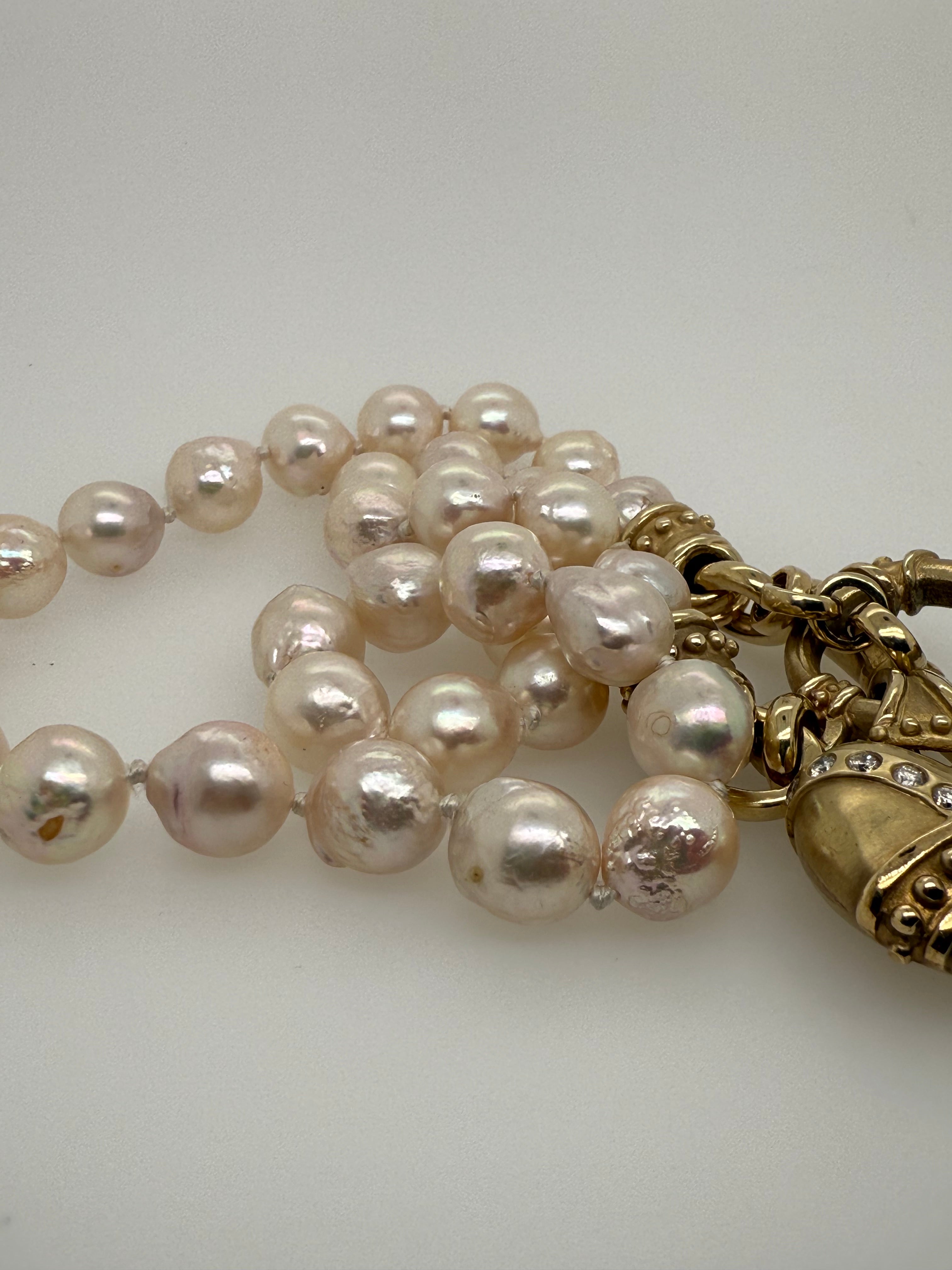 Retro Gold Natural Diamond & Pearl Statement Necklace Heart Toggle Clasp 1980