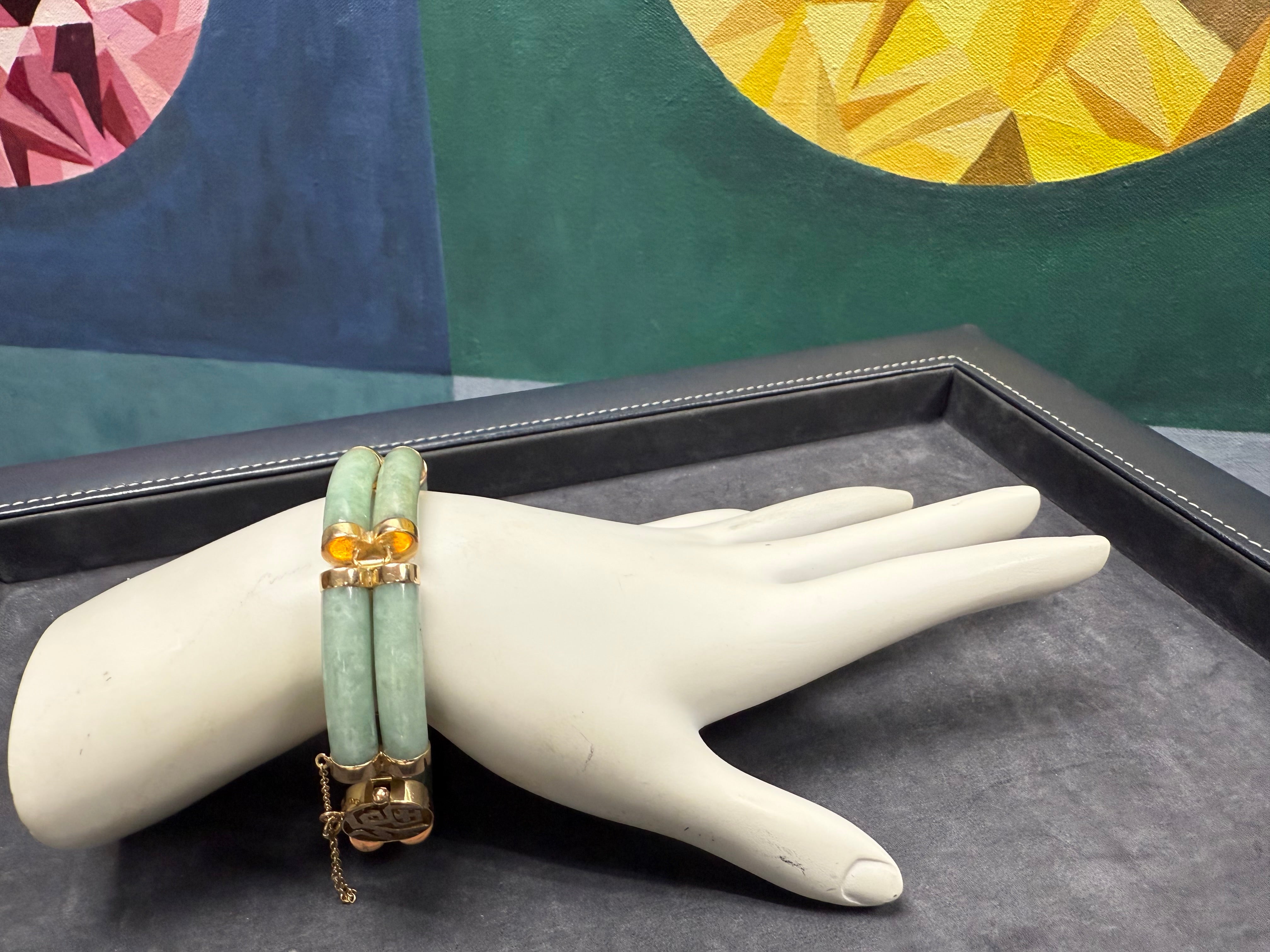 Antique Chinese Jade & 14K Gold Bracelet With Safety Chain 7.25 Inch