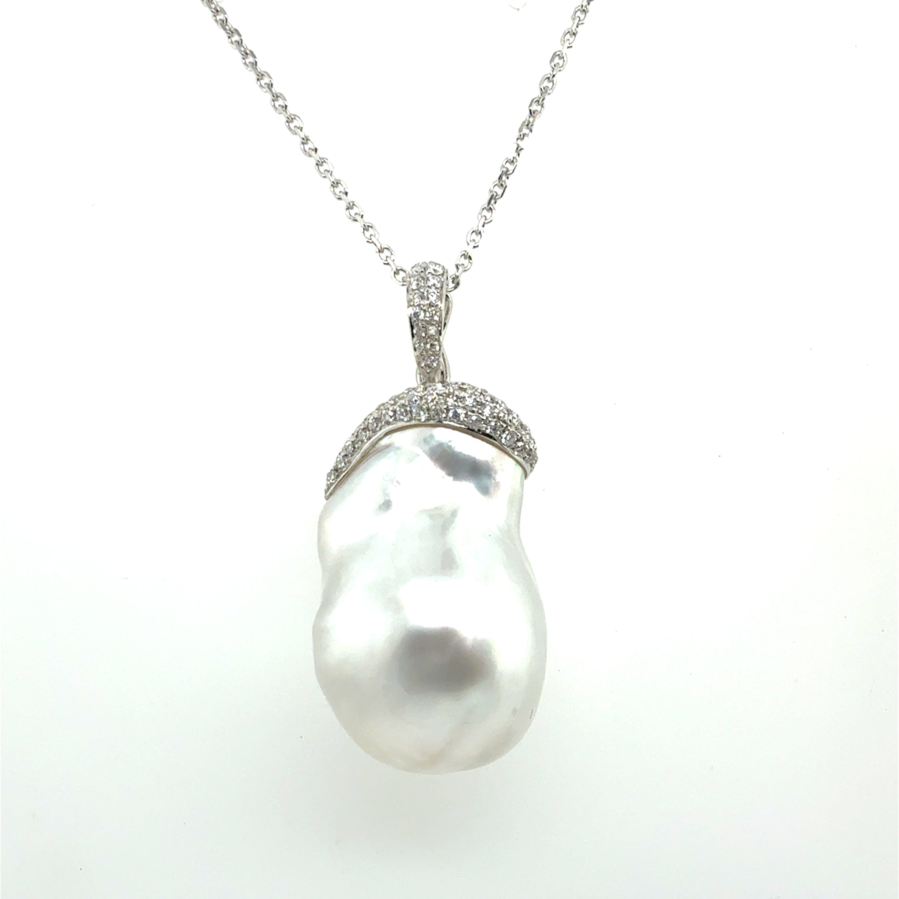 Retro White Gold Natural Australian Baroque South Sea Pearl & Diamond Pendant