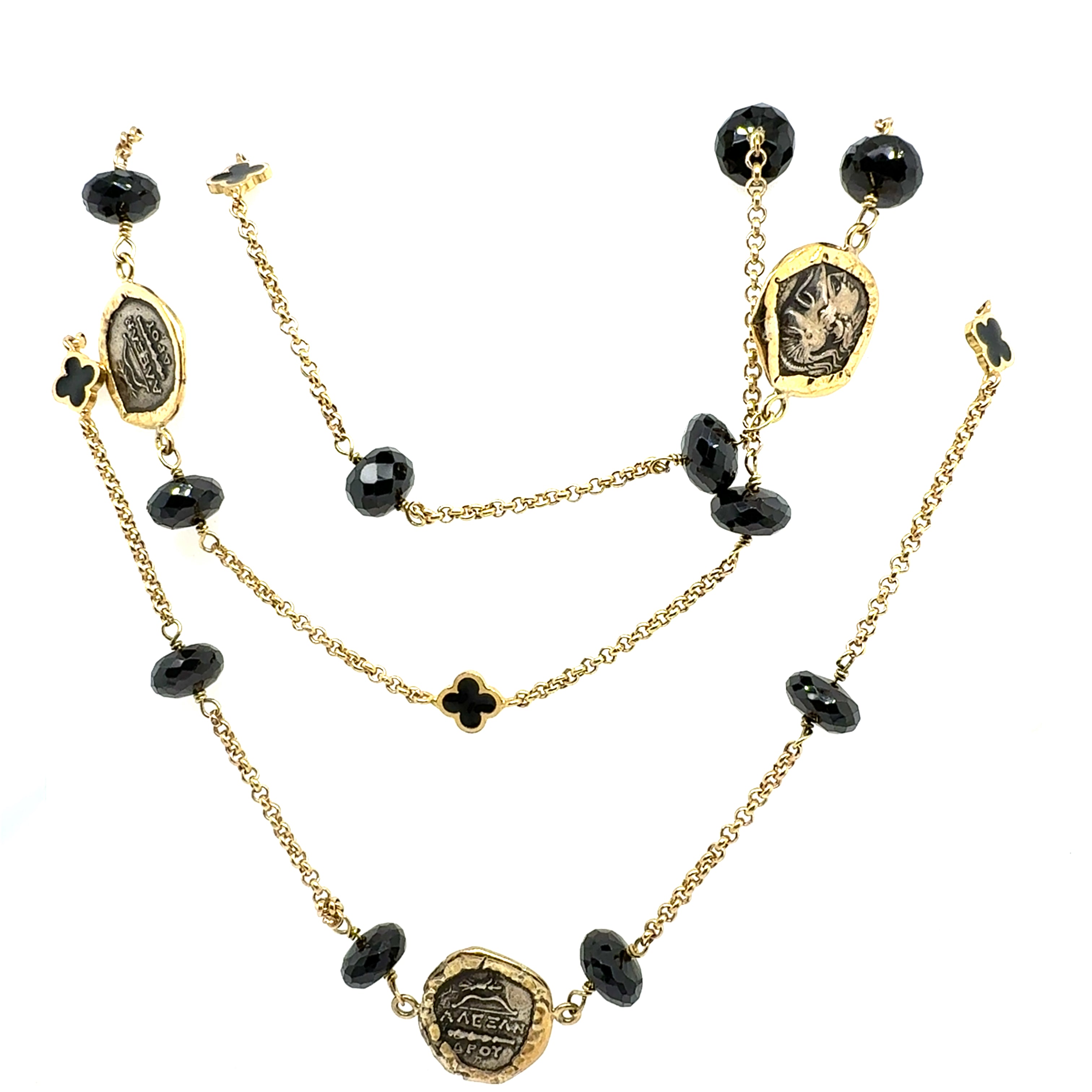 Retro Gold Ancient Greek Helios Coin 36 Inch Statement Necklace by Misento