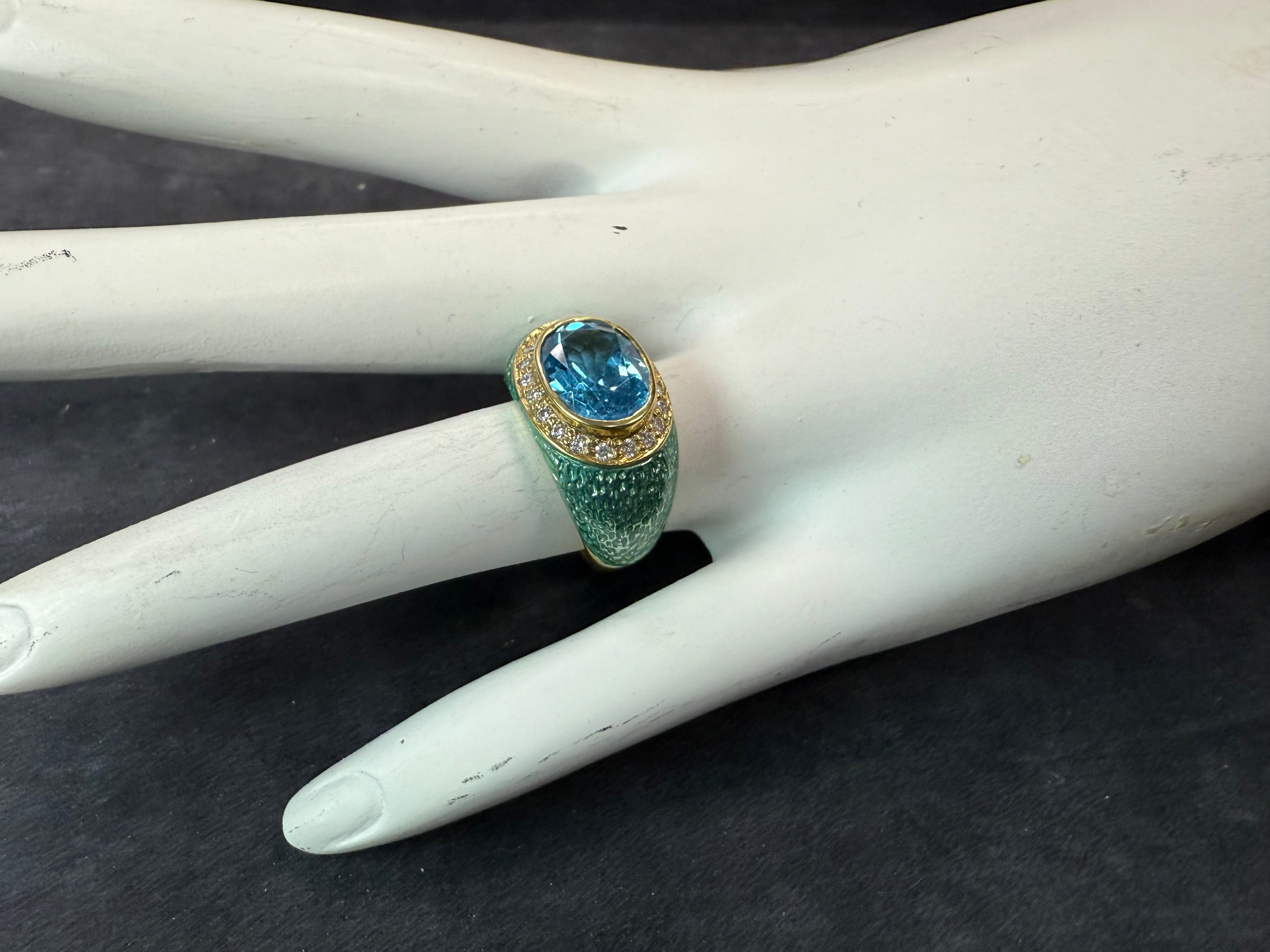 Modern Gold Natural Diamond, Blue Topaz & Enamel Statement Ring by Hidalgo