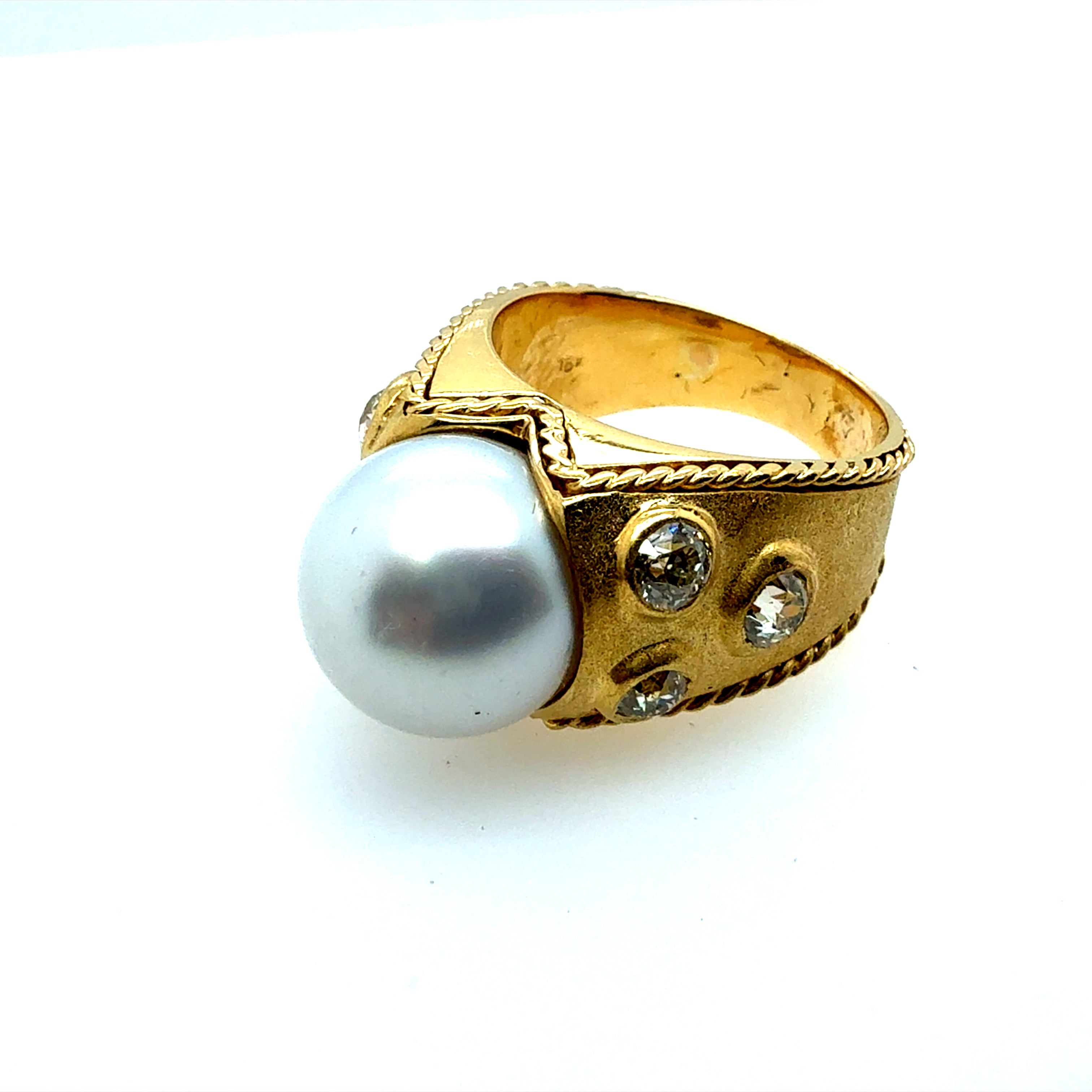 Retro Gold Natural 1 CT Old Mine Cut Diamond & South Sea Pearl Ring Circa 1990