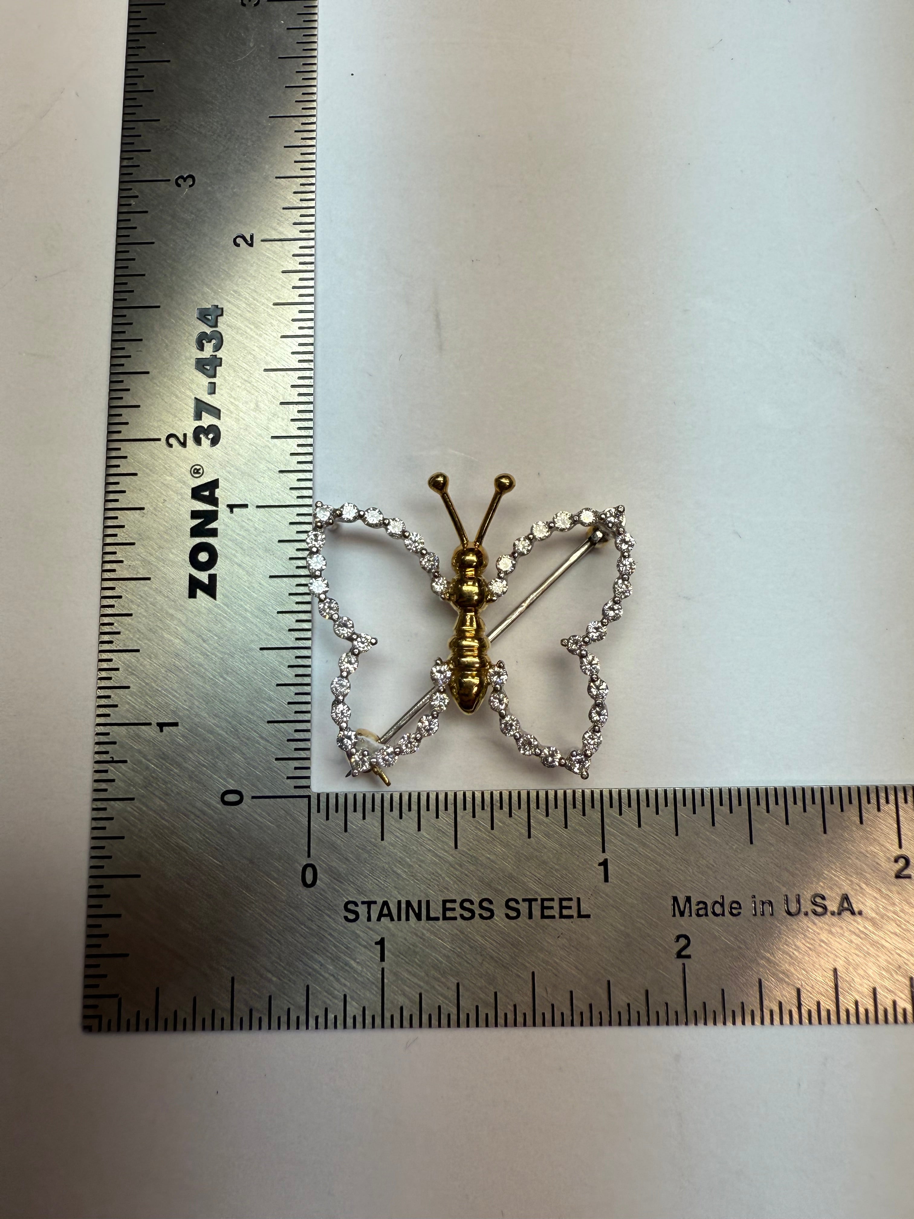 Retro Two Tone Gold 1 Carat Natural Diamond Butterfly Pin by Lindenman