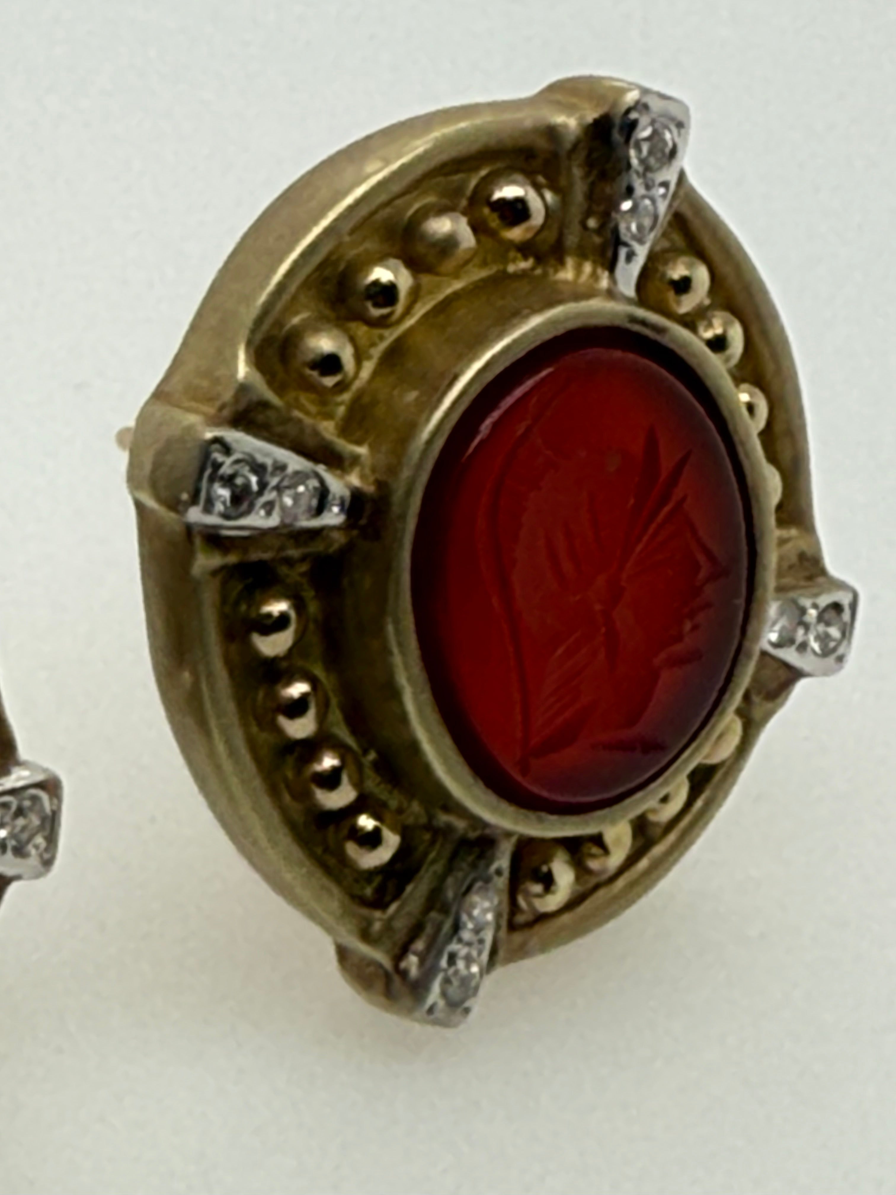 Retro Gold Natural Diamond and Roman Carnelian Intaglio Statement Earrings