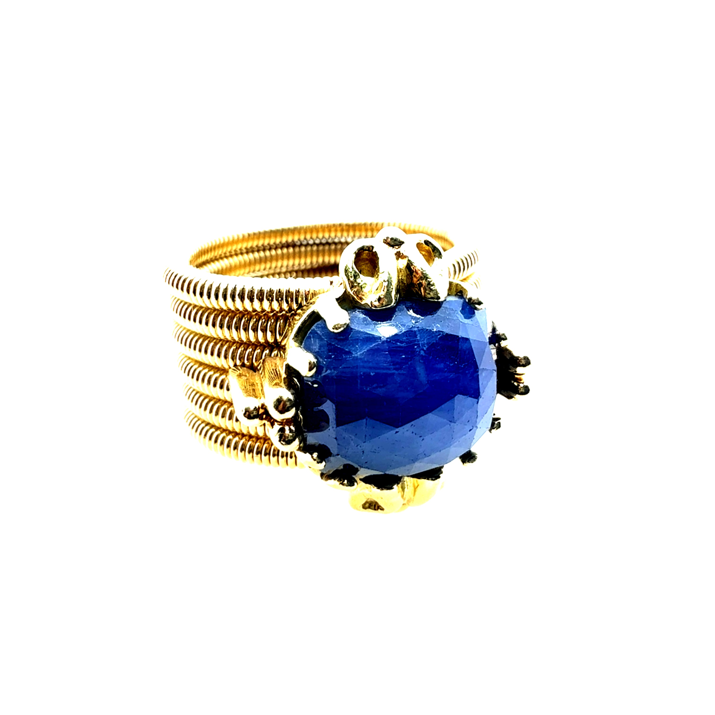 Retro Yellow Gold Natural 9 Carat Blue Rose Cut Sapphire Statement Ring