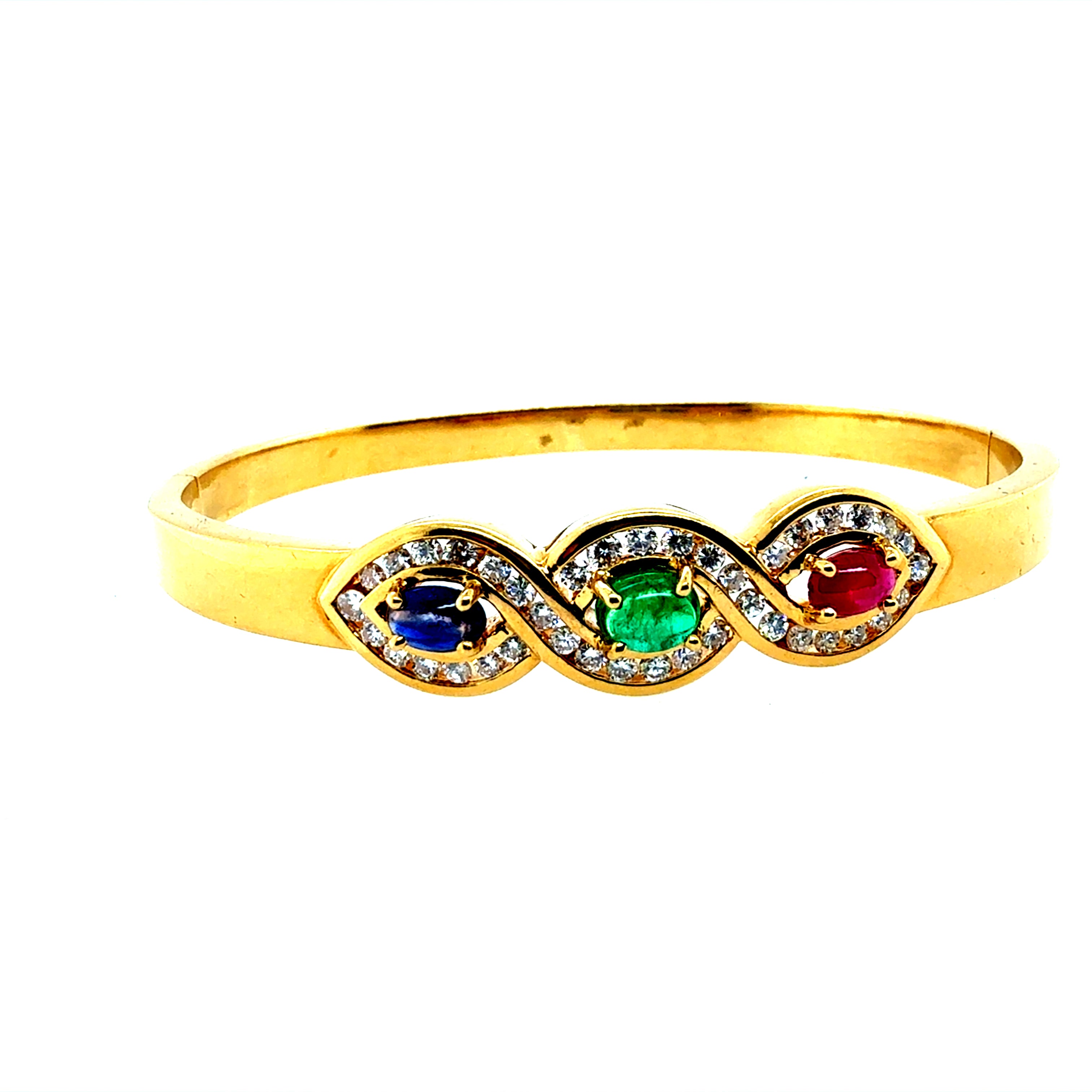 Retro Gold 1.2 CT Natural Diamond & Multicolor CAB Statement Bangle Circa 1980