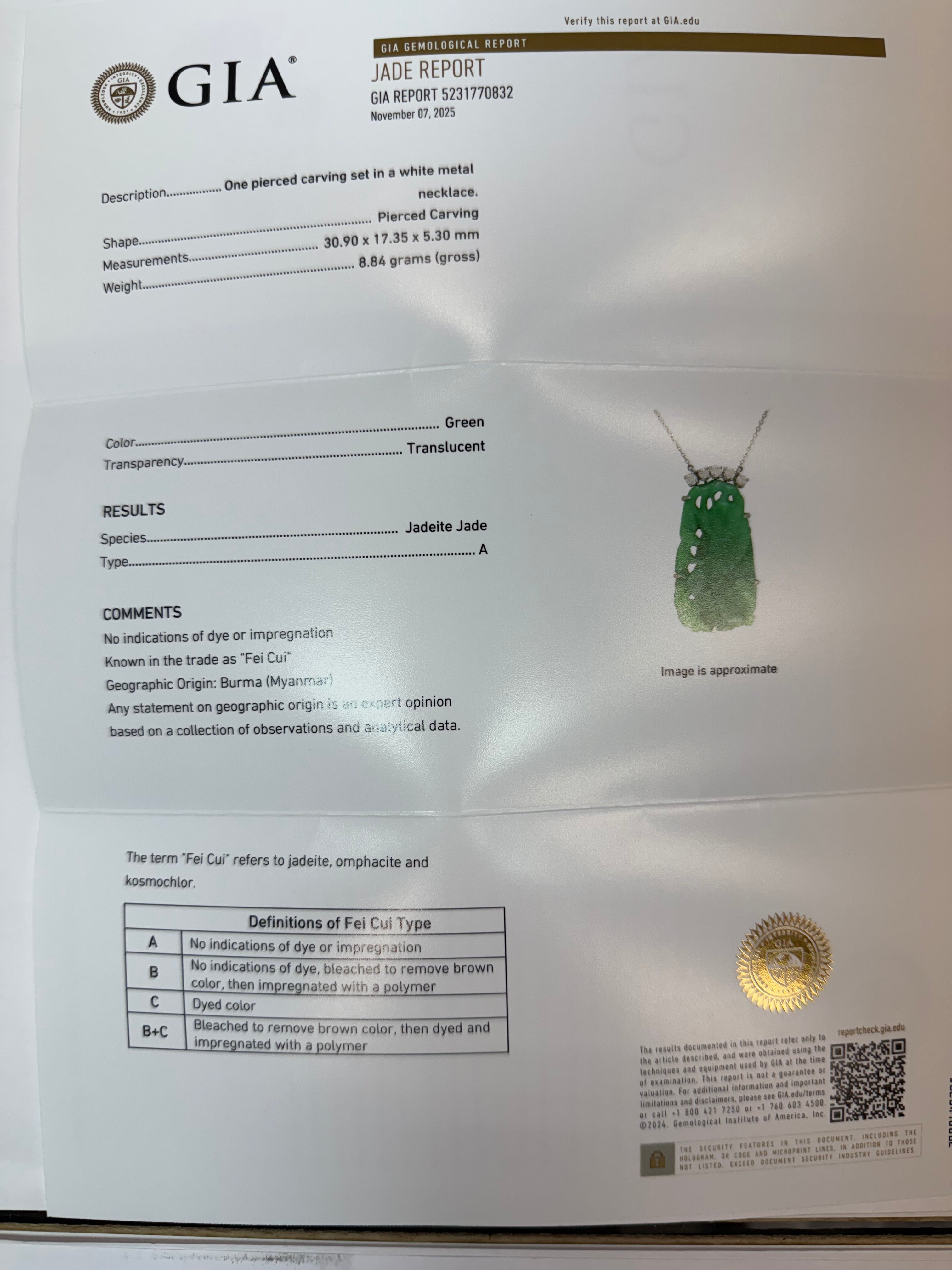 Retro Gold GIA Certified Natural Diamond & A Grade JADE Pendant Circa 1970