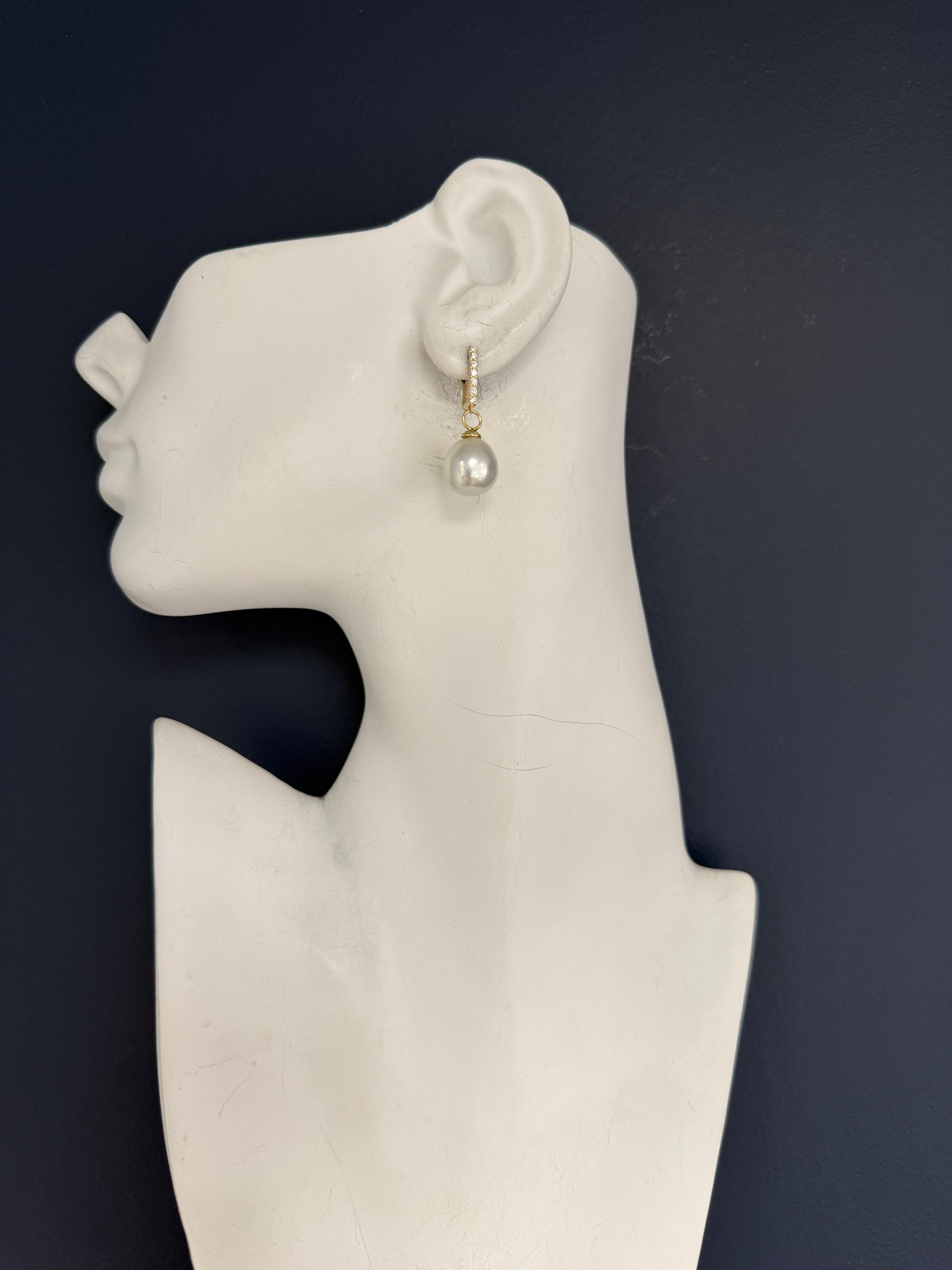 Modern Gold .35 Carat Natural Diamond & 12.5mm South Sea Pearl Drop Earrings