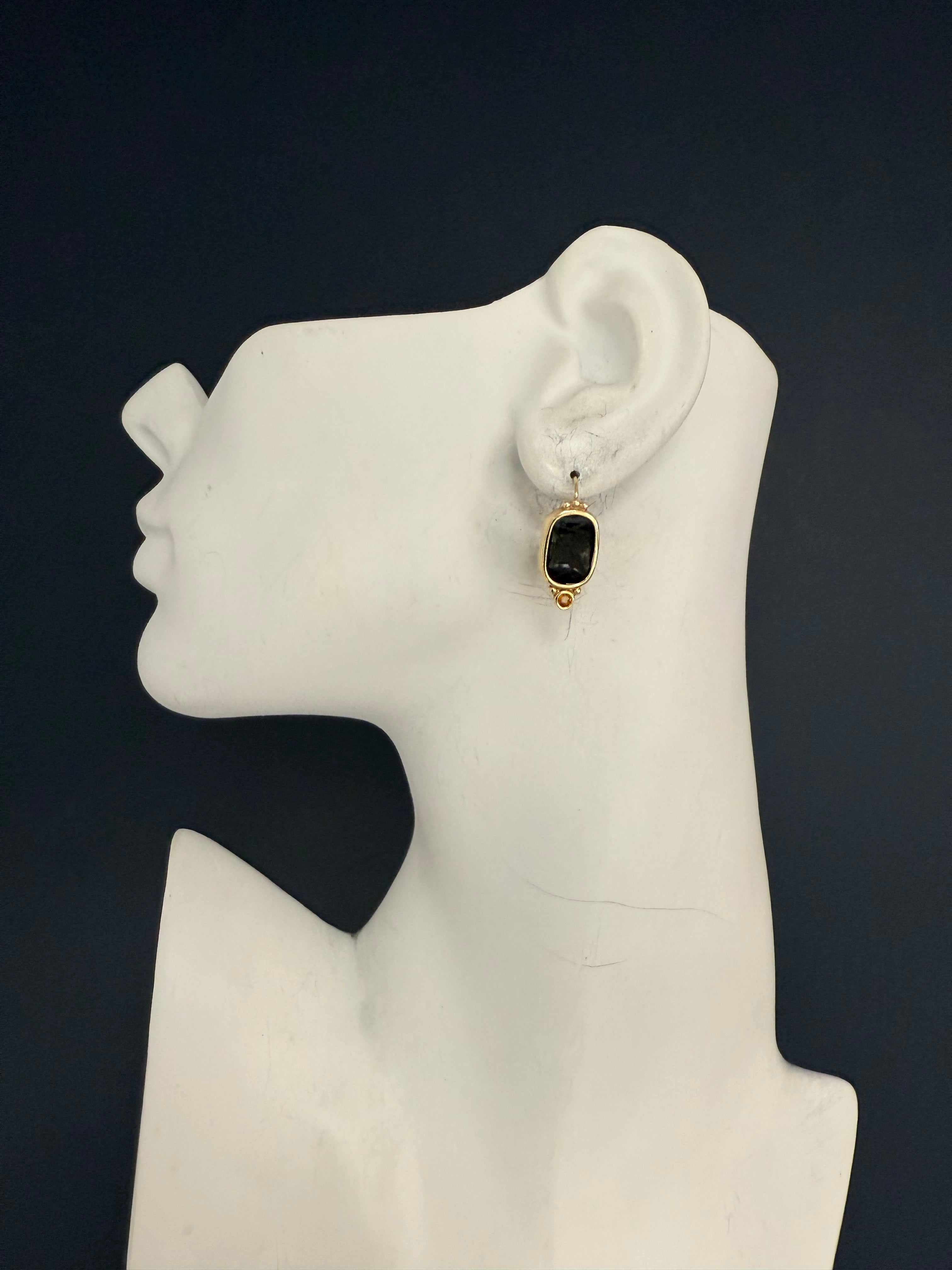Retro Gold Roman Black Onyx Intaglio Earrings with Citrine 1985