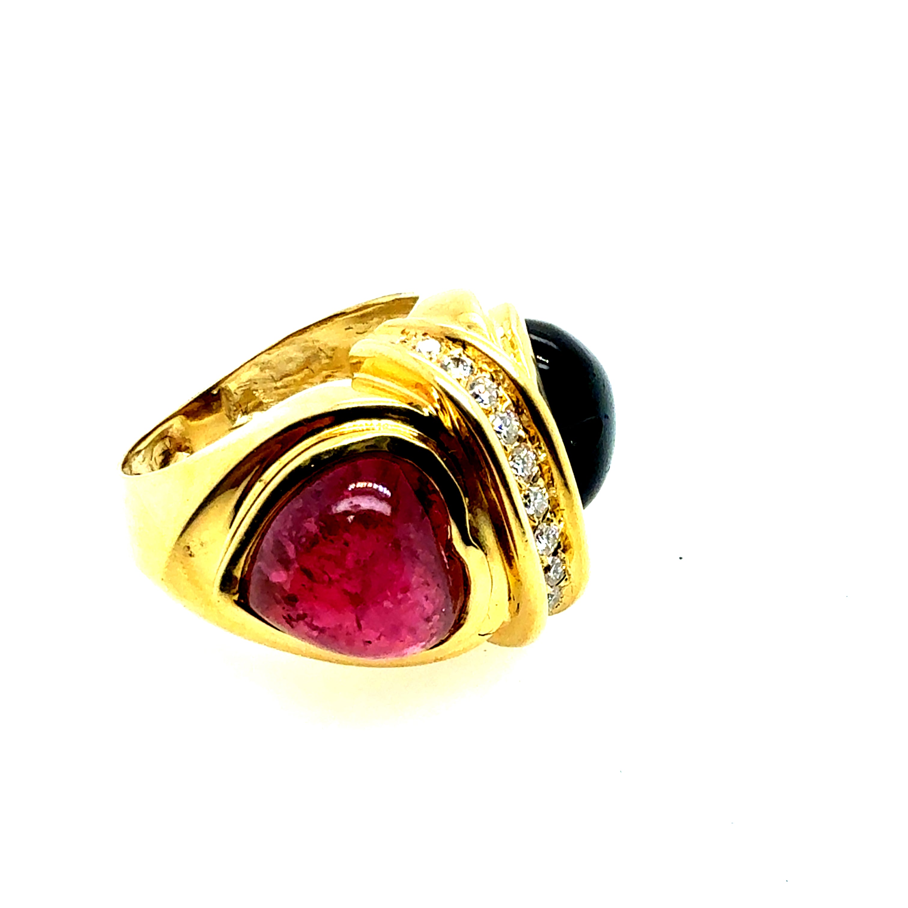 Retro Gold Natural Diamond & Tourmaline Cabochon Statement Ring Circa 1970