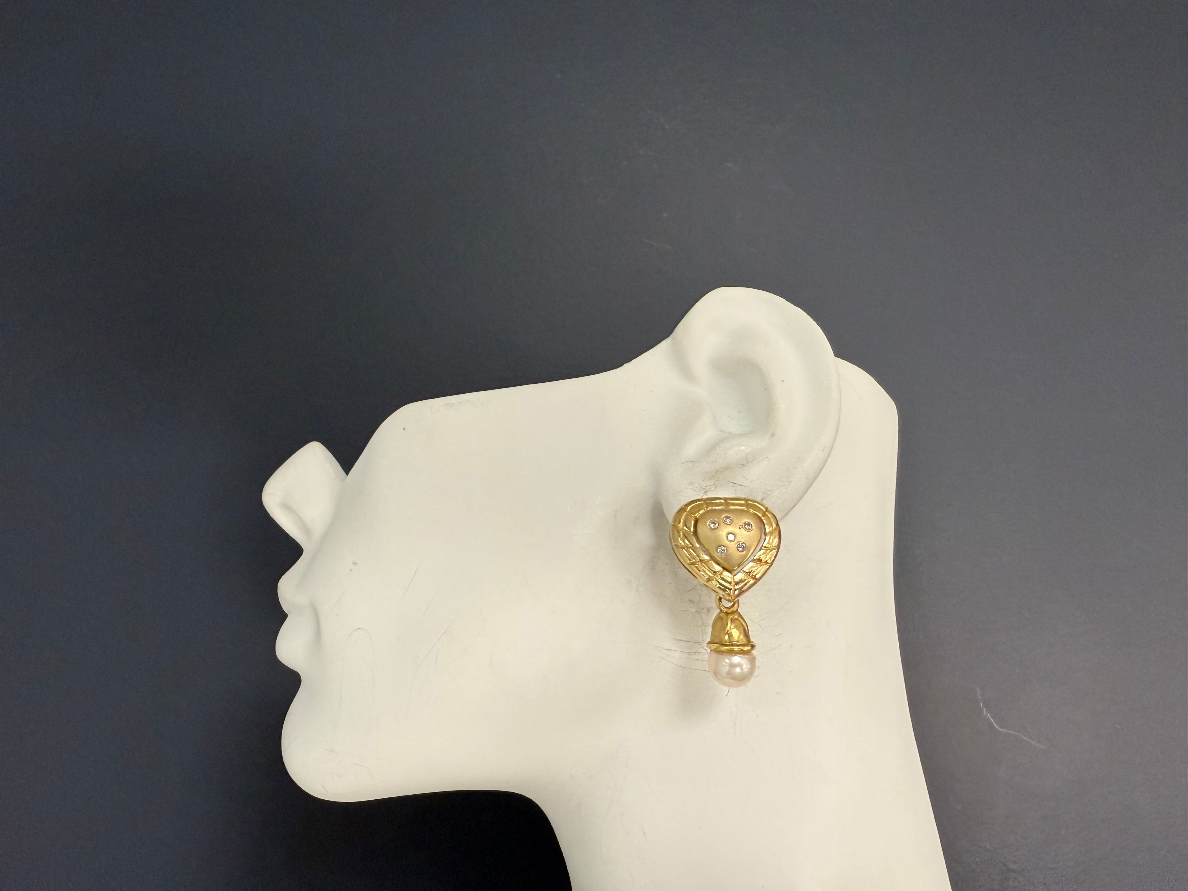 Retro Gold Natural Diamond & Pearl Heart Drop Statement Earrings Circa 1990