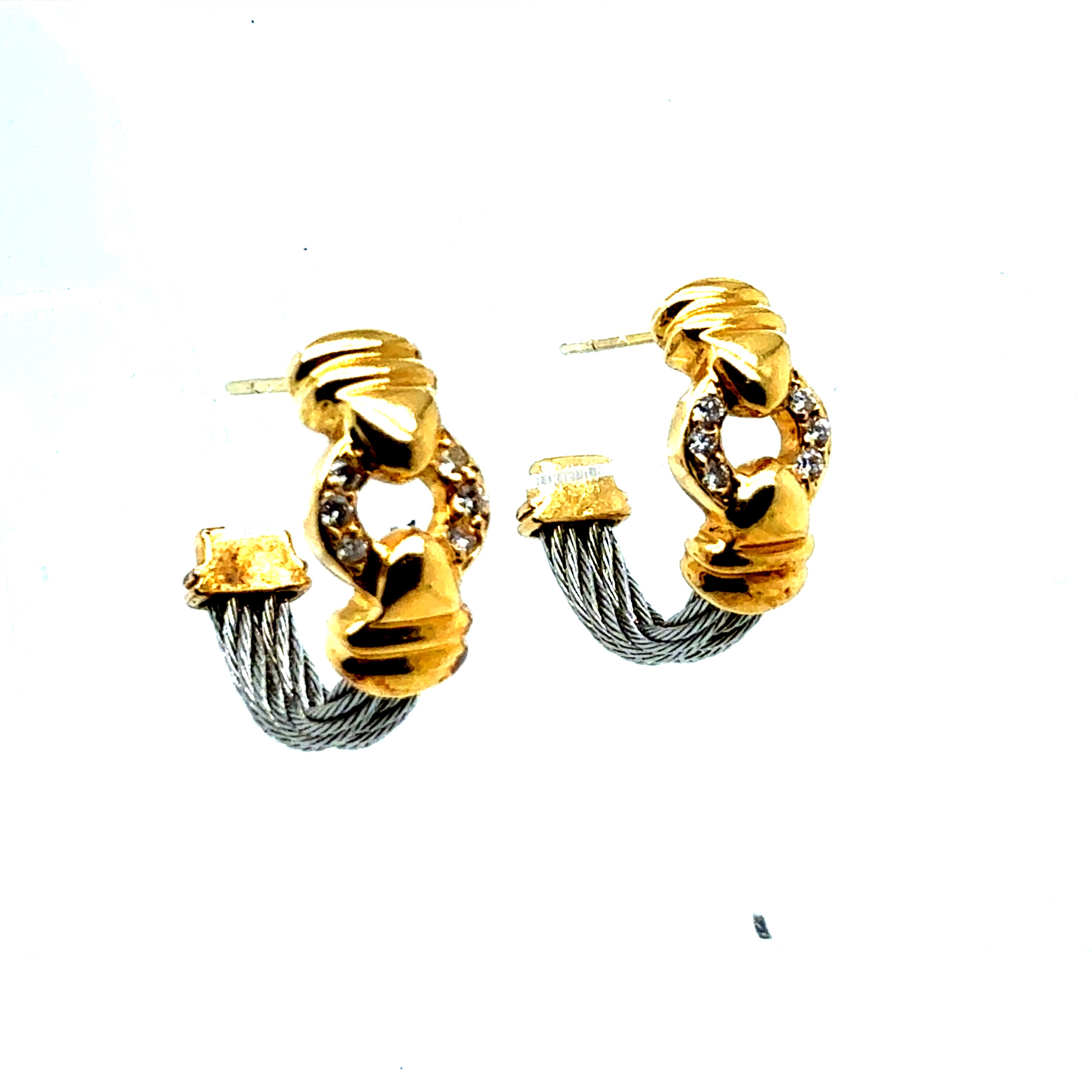 Retro Gold and Natural Diamond Steel Cable Earrings by Philippe Charriol