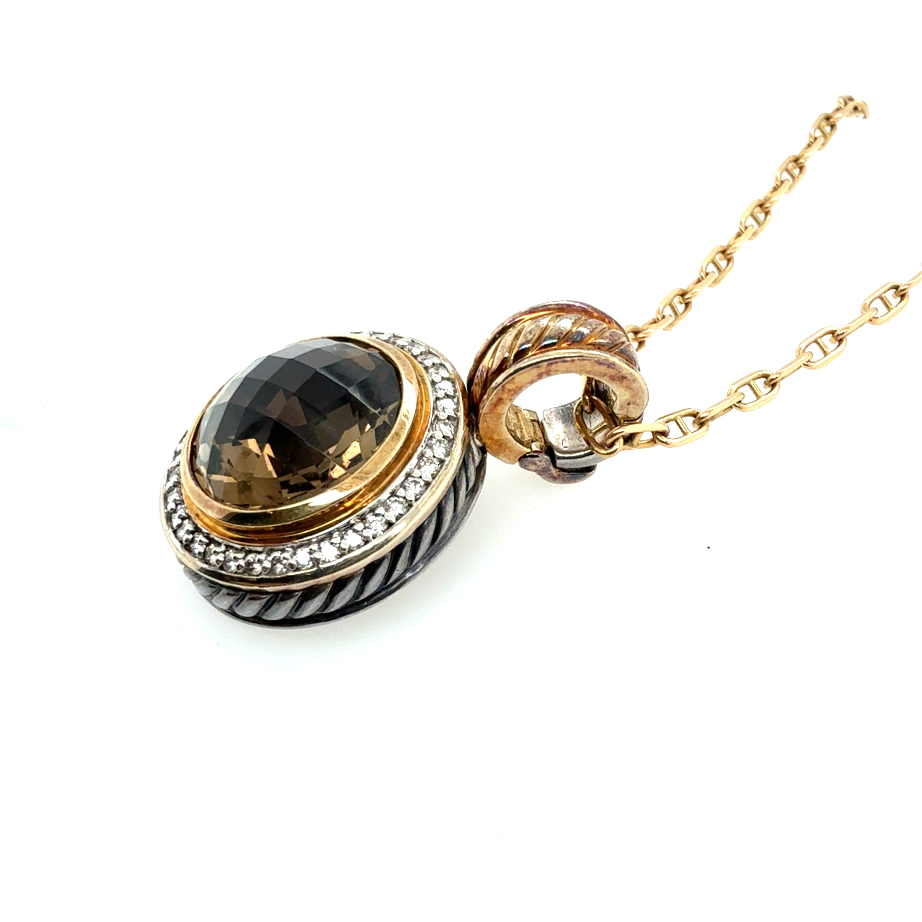 Modern Gold & Silver Natural Smoky Topaz & Diamond Pendant by David Yurman
