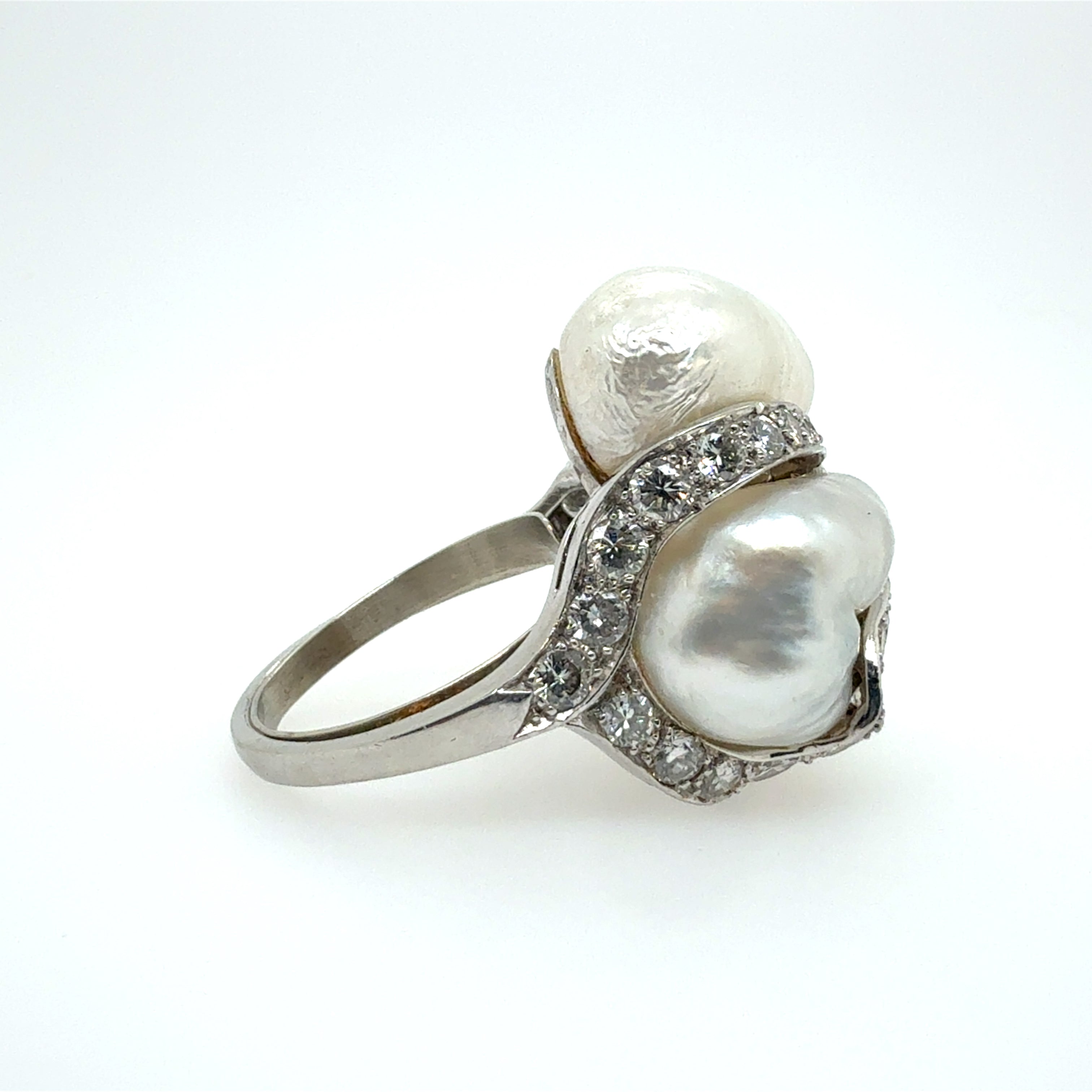 Retro Platinum 2.2 Carat Natural Diamond and Pearl Cocktail Ring Circa 1960