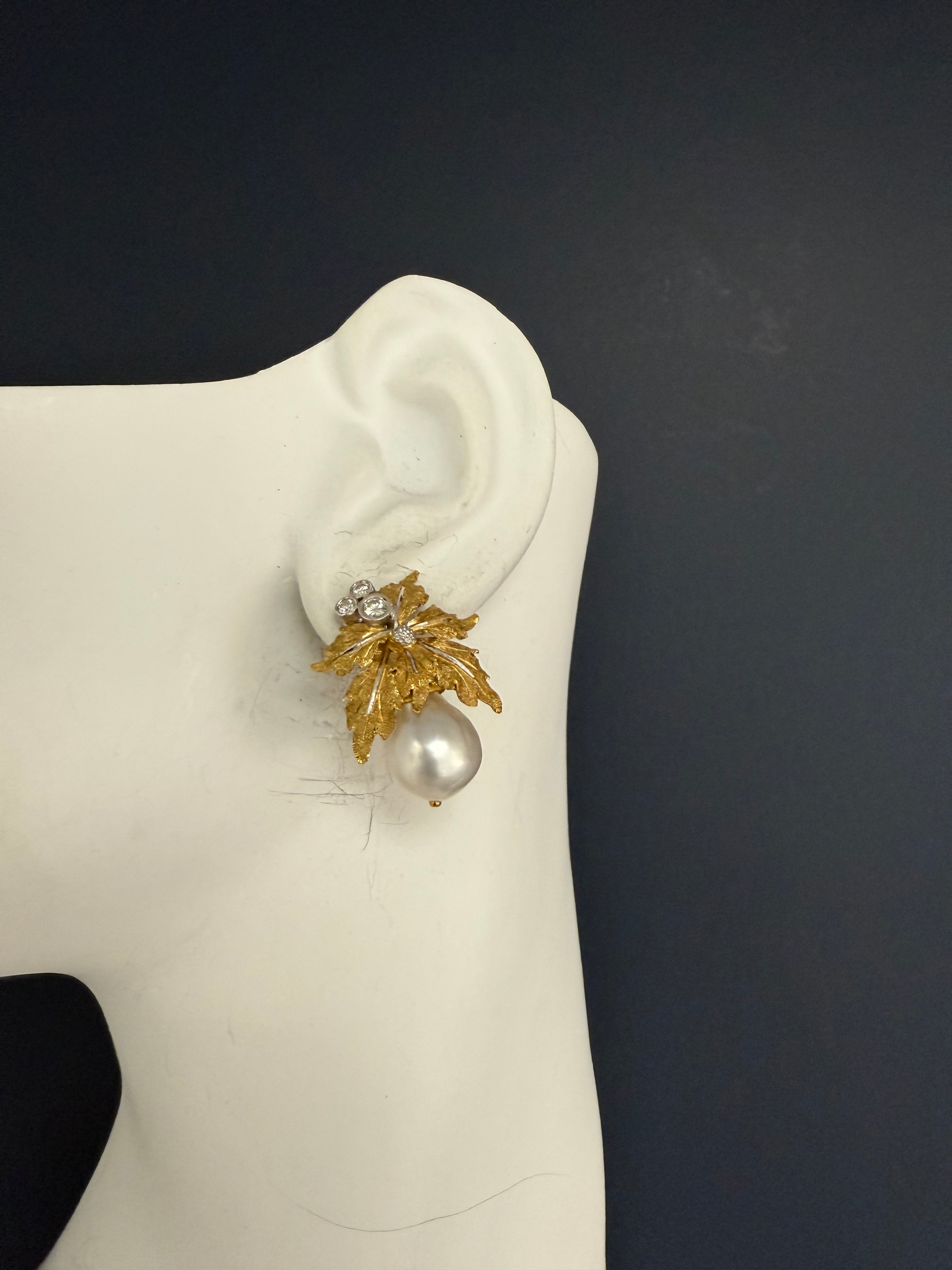 Retro Gold Natural Diamond and 11mm Pearl Leaf Earrings, Circa 1970