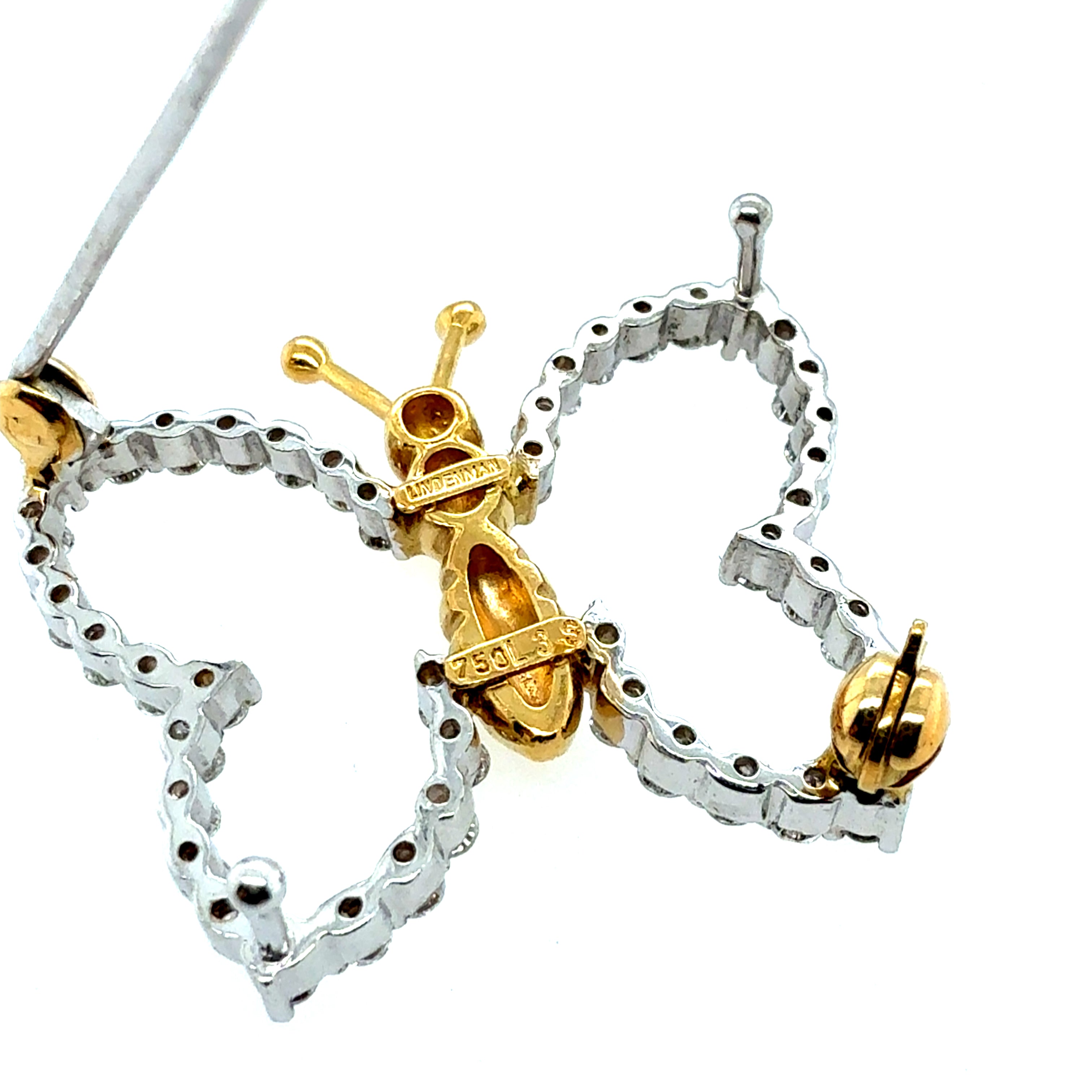 Retro Two Tone Gold 1 Carat Natural Diamond Butterfly Pin by Lindenman