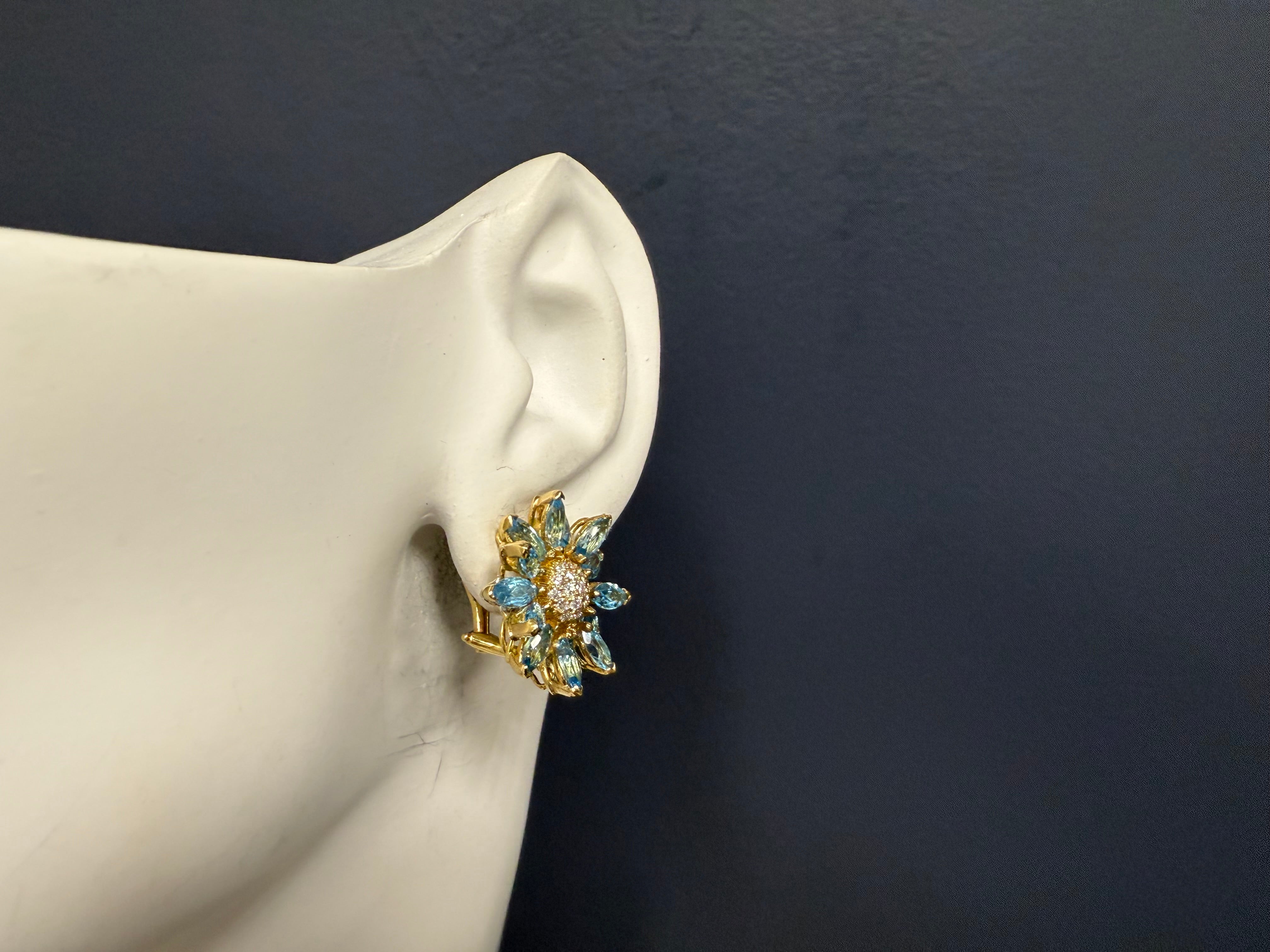 Retro Gold Natural Marquise London Blue Topaz Diamond Floral Earrings Circa 1970