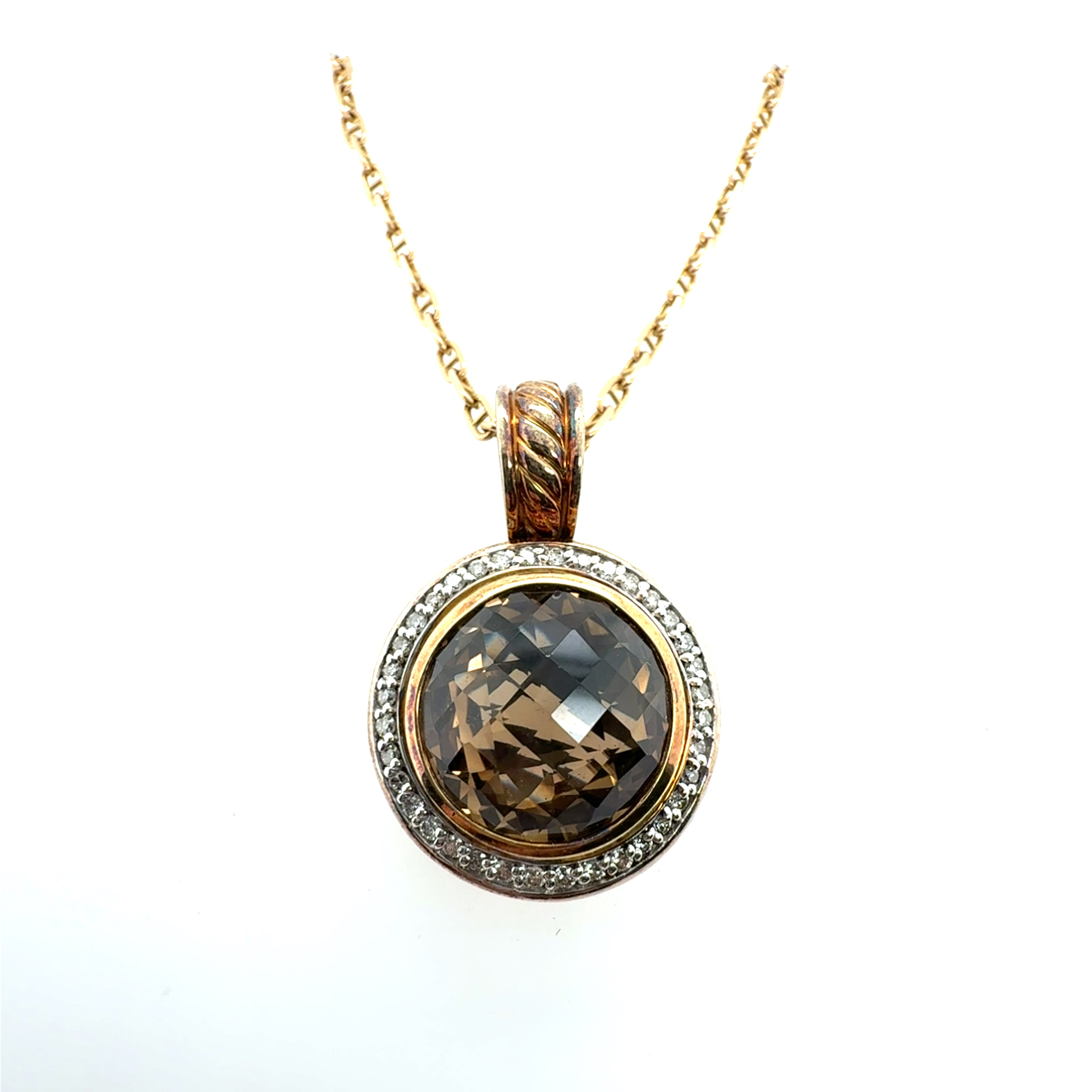 Modern Gold & Silver Natural Smoky Topaz & Diamond Pendant by David Yurman