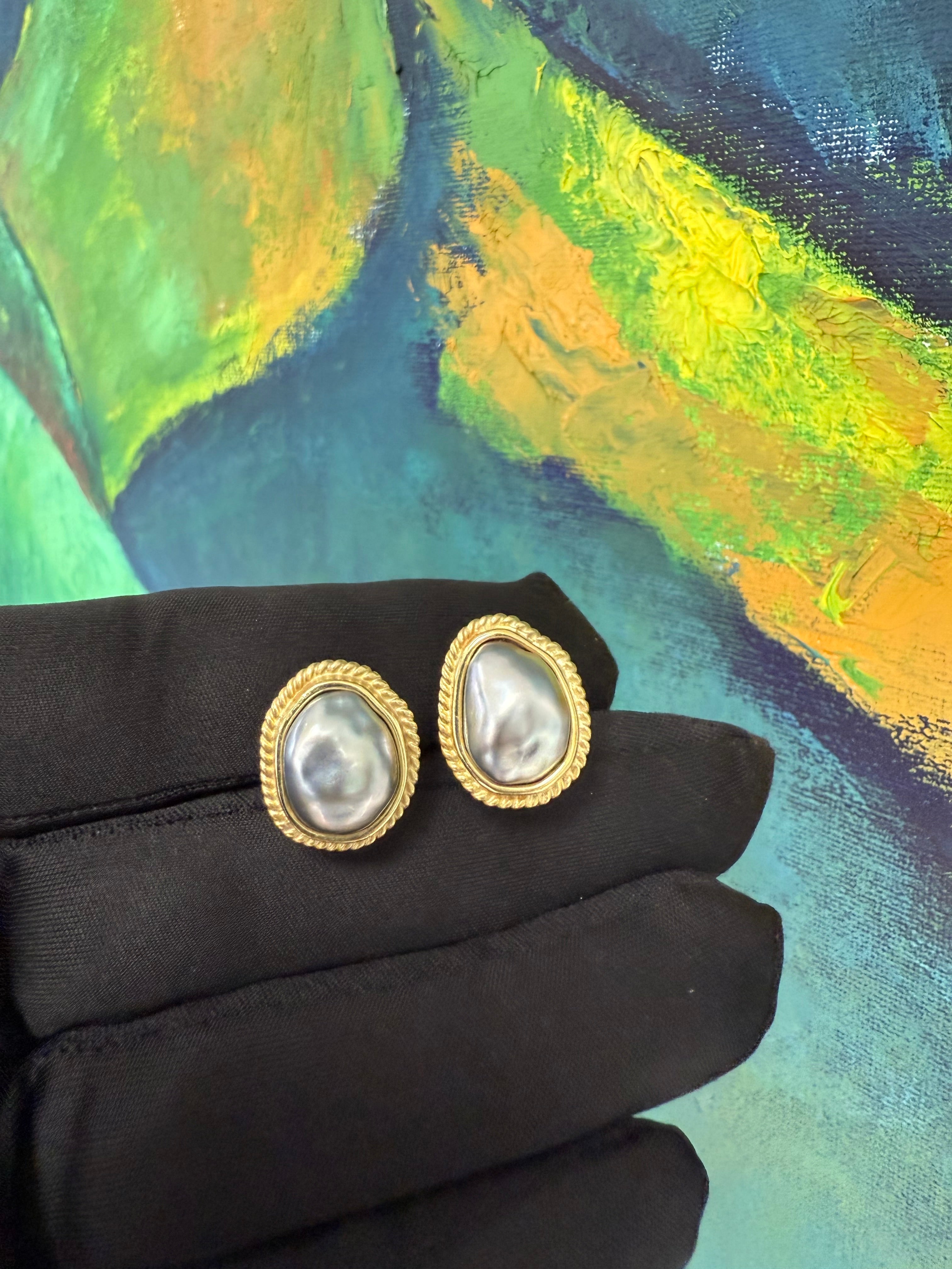 Retro Yellow Gold Black Tahitian Baroque Pearl Earrings Circa 1995