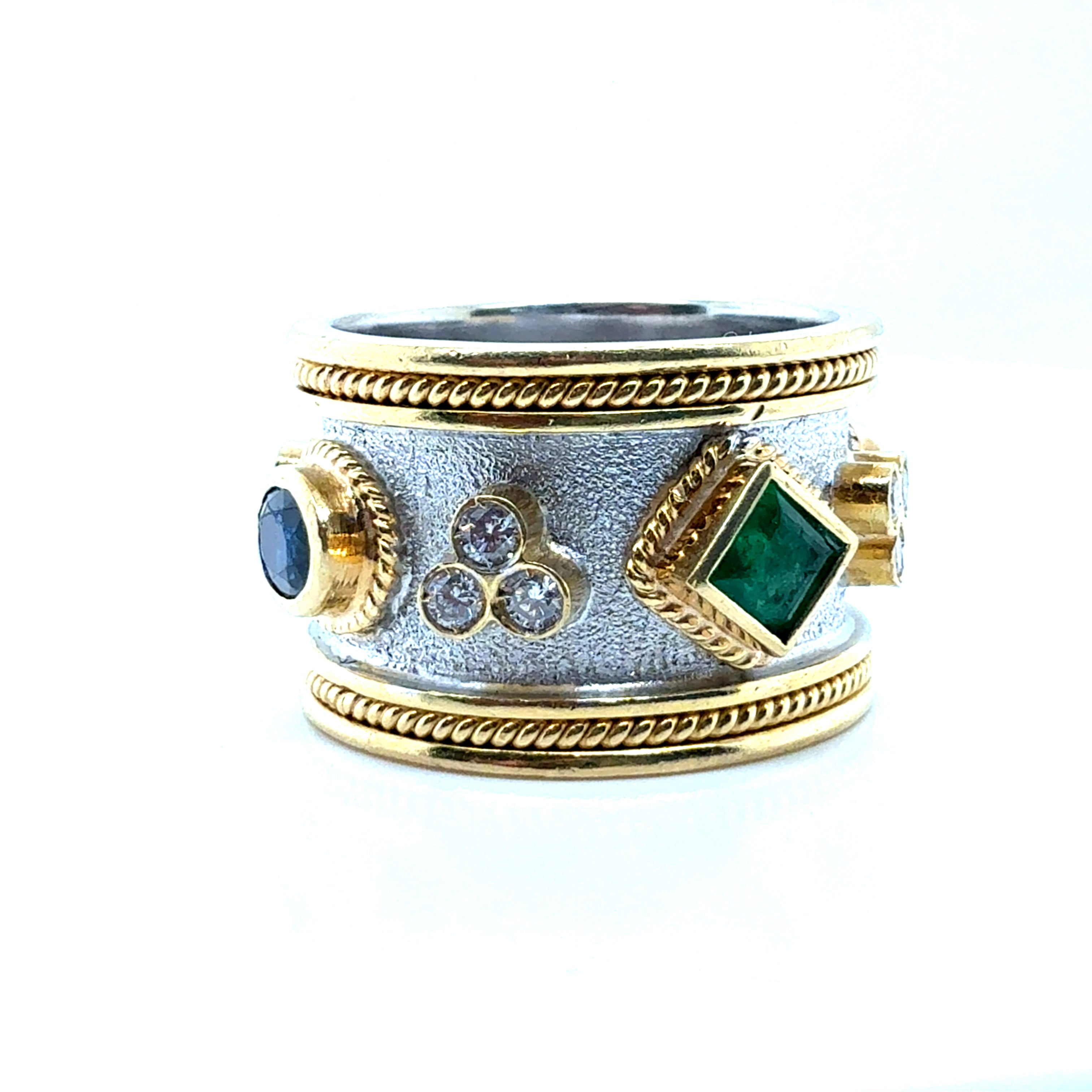 Retro Two-Tone Gold Natural Multi Color Gem & Diamond Statement Band