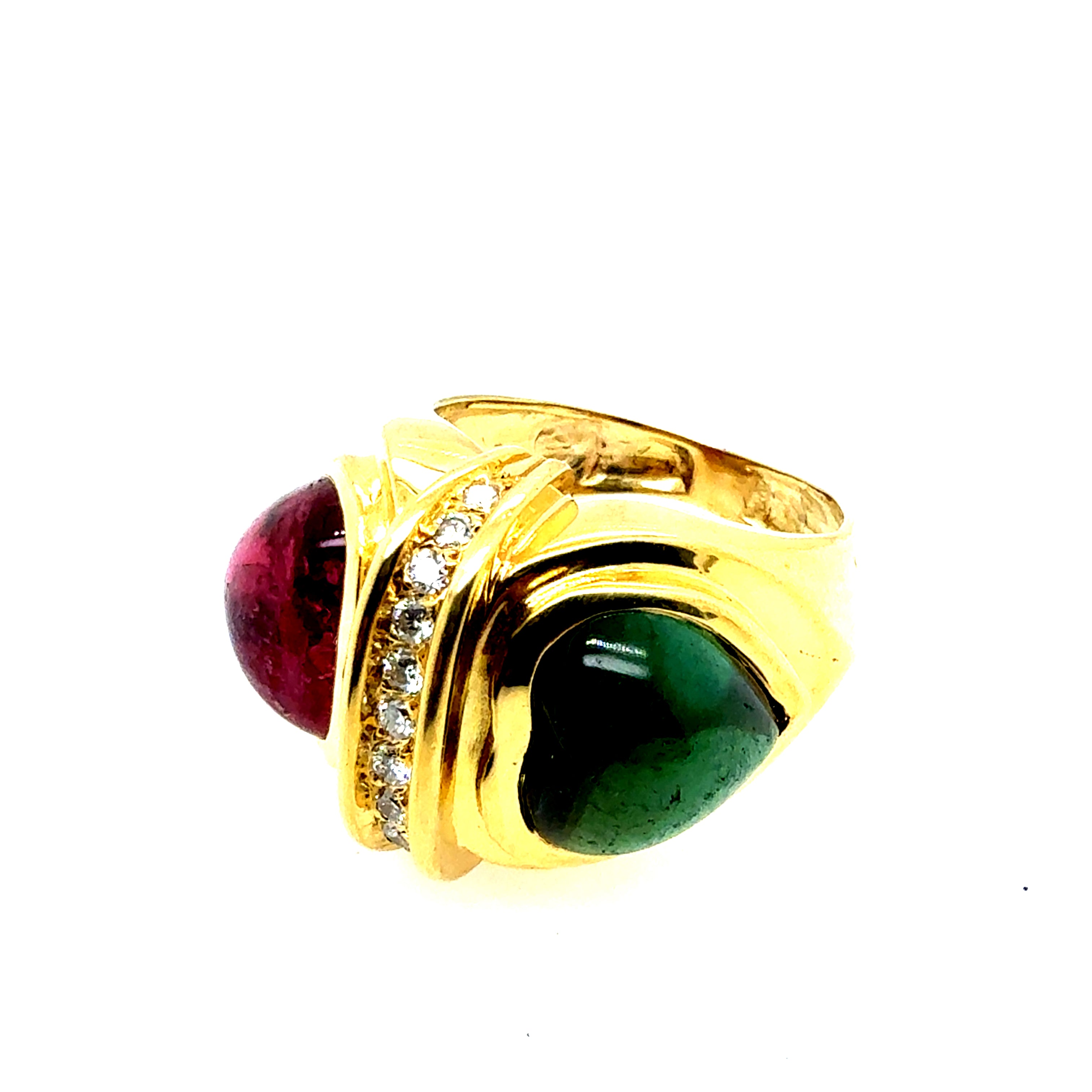 Retro Gold Natural Diamond & Tourmaline Cabochon Statement Ring Circa 1970