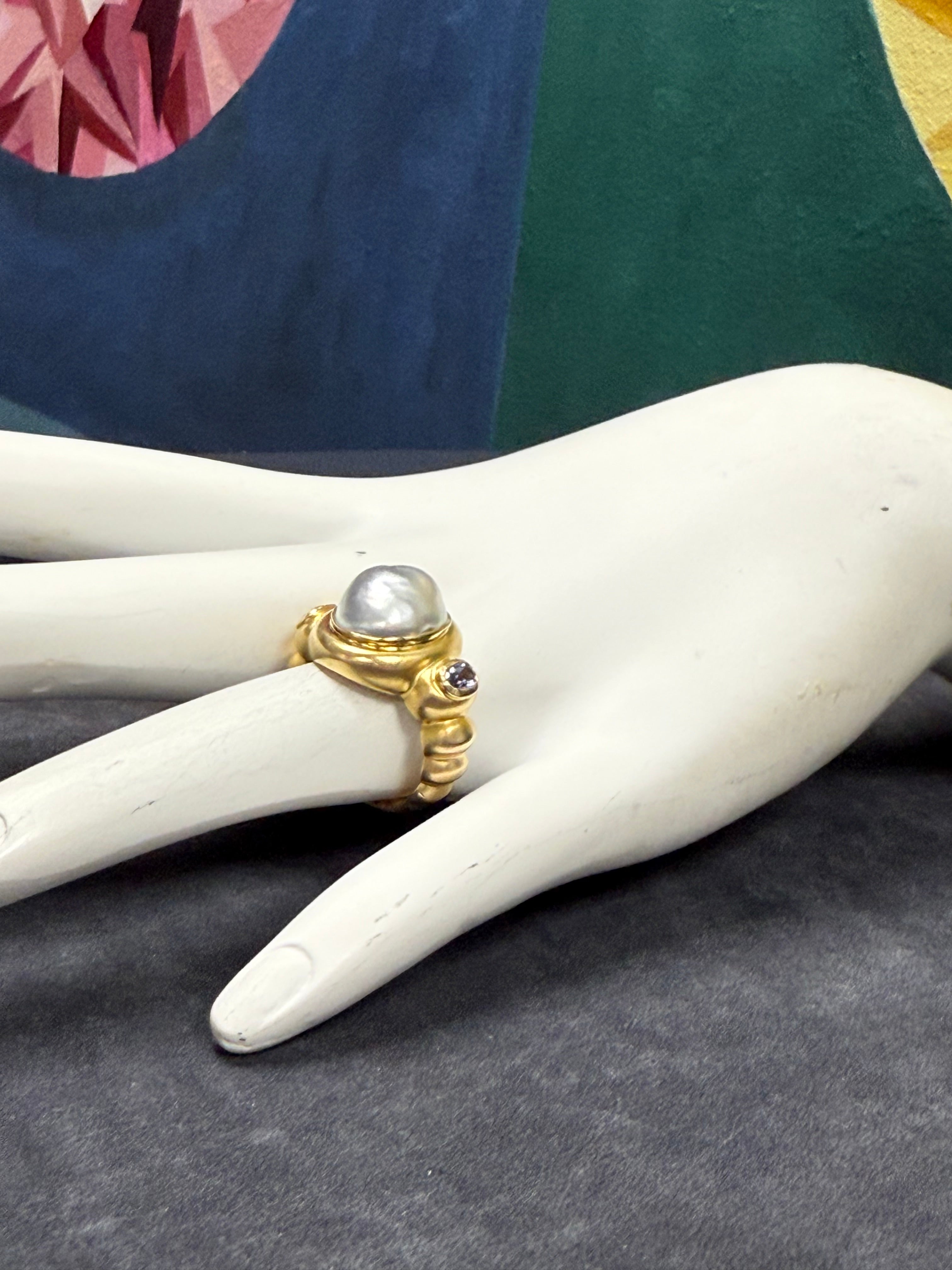 Retro Gold Baroque Gray Pearl Amethyst & Peridot Statement Ring Circa 2000