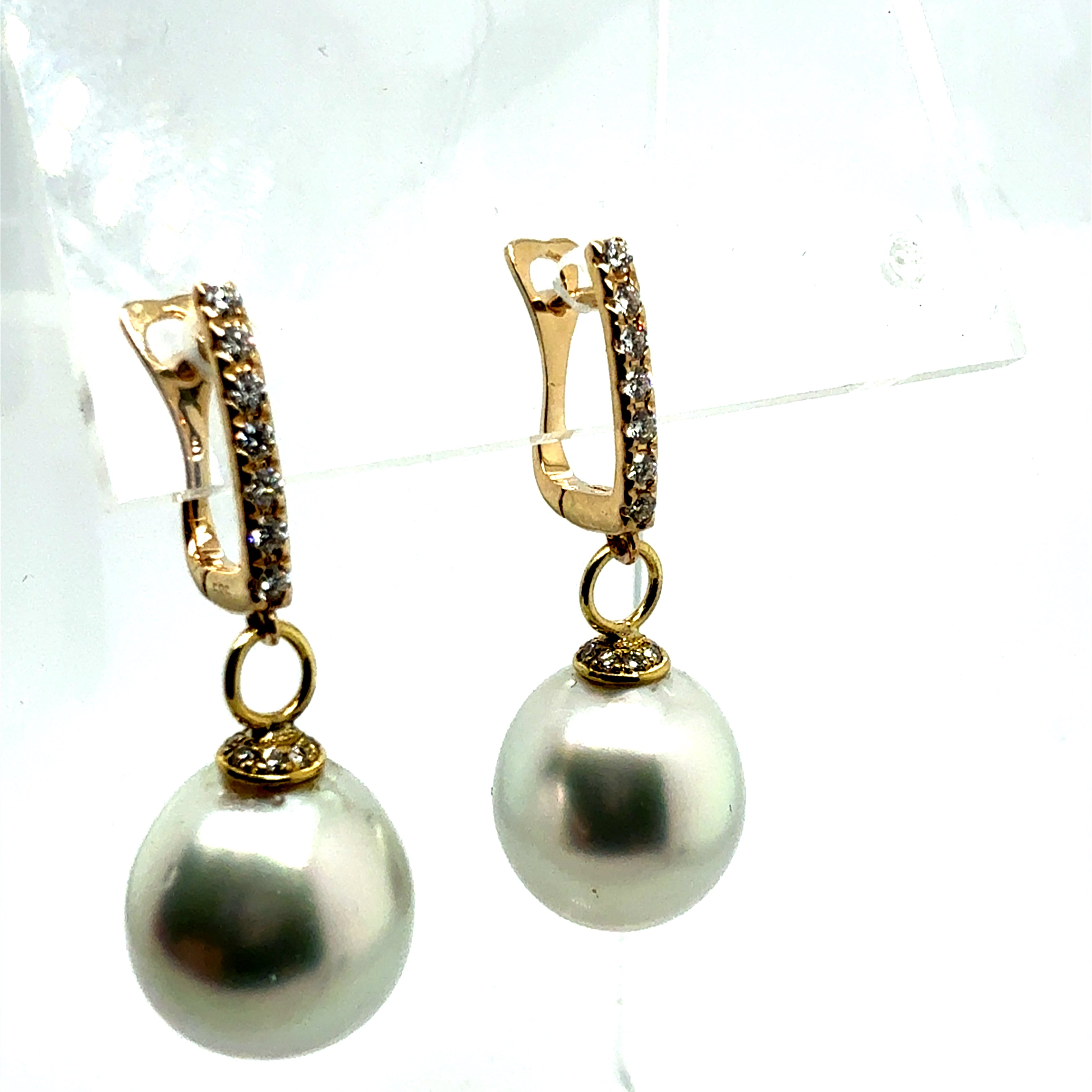Modern Gold .35 Carat Natural Diamond & 12.5mm South Sea Pearl Drop Earrings