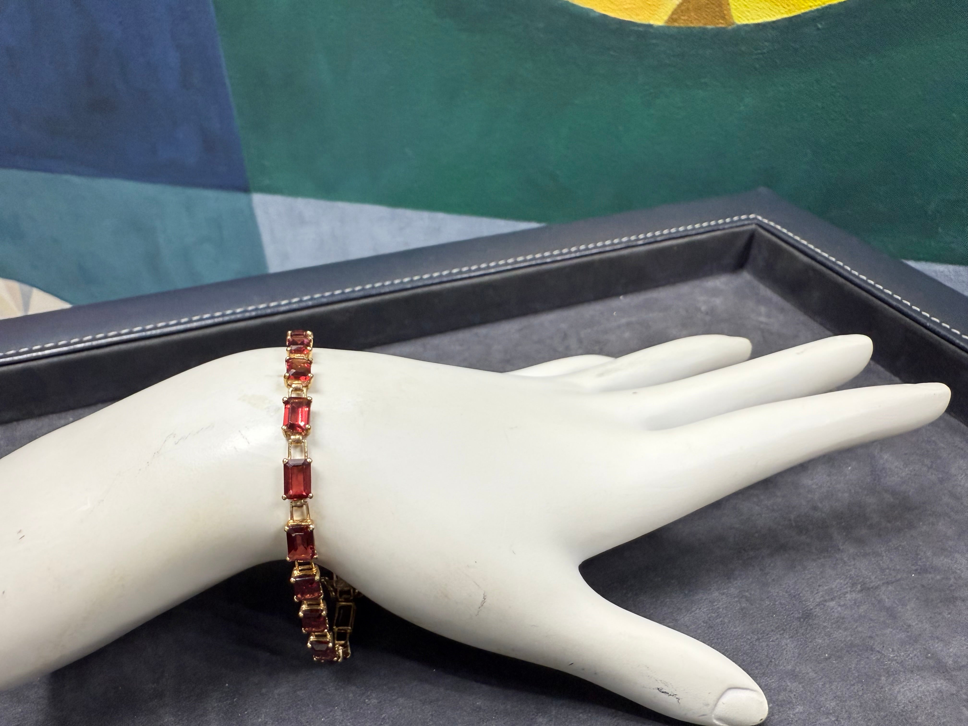 Retro Yellow Gold Reddish Garnet-Like Emerald Cut Tennis Bracelet