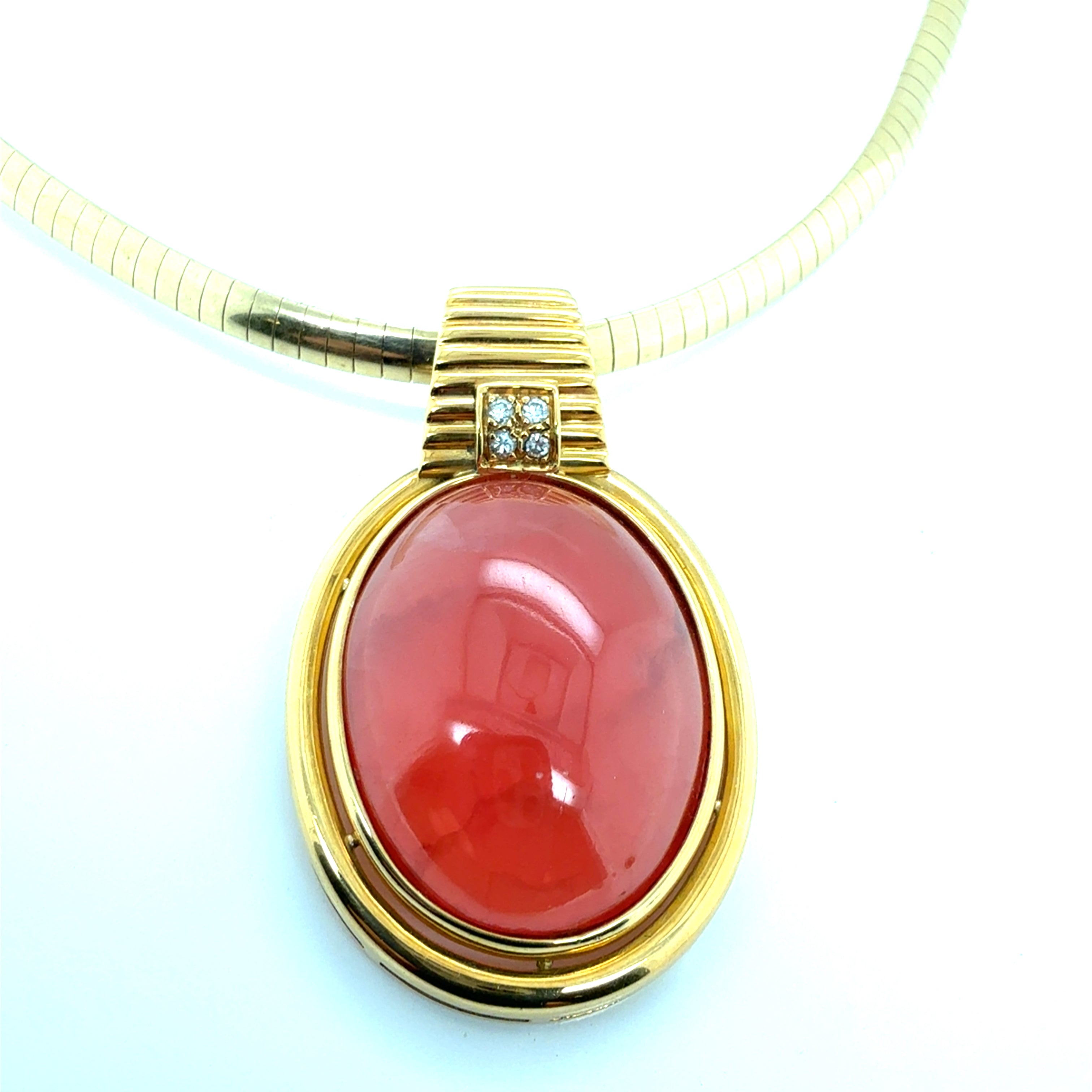 Retro Gold Natural Rhodochrosite & Diamond Statement Pendant Circa 1970