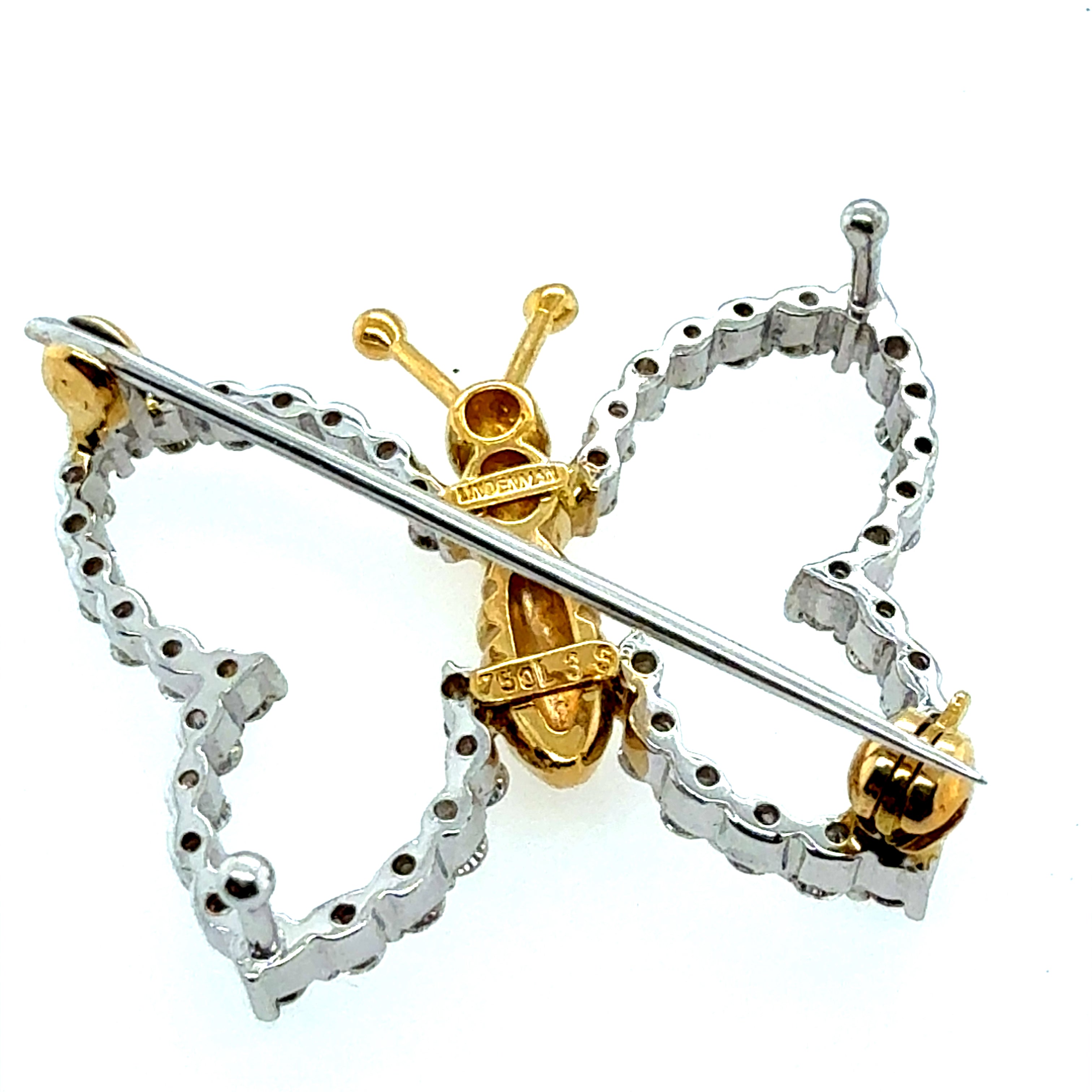 Retro Two Tone Gold 1 Carat Natural Diamond Butterfly Pin by Lindenman