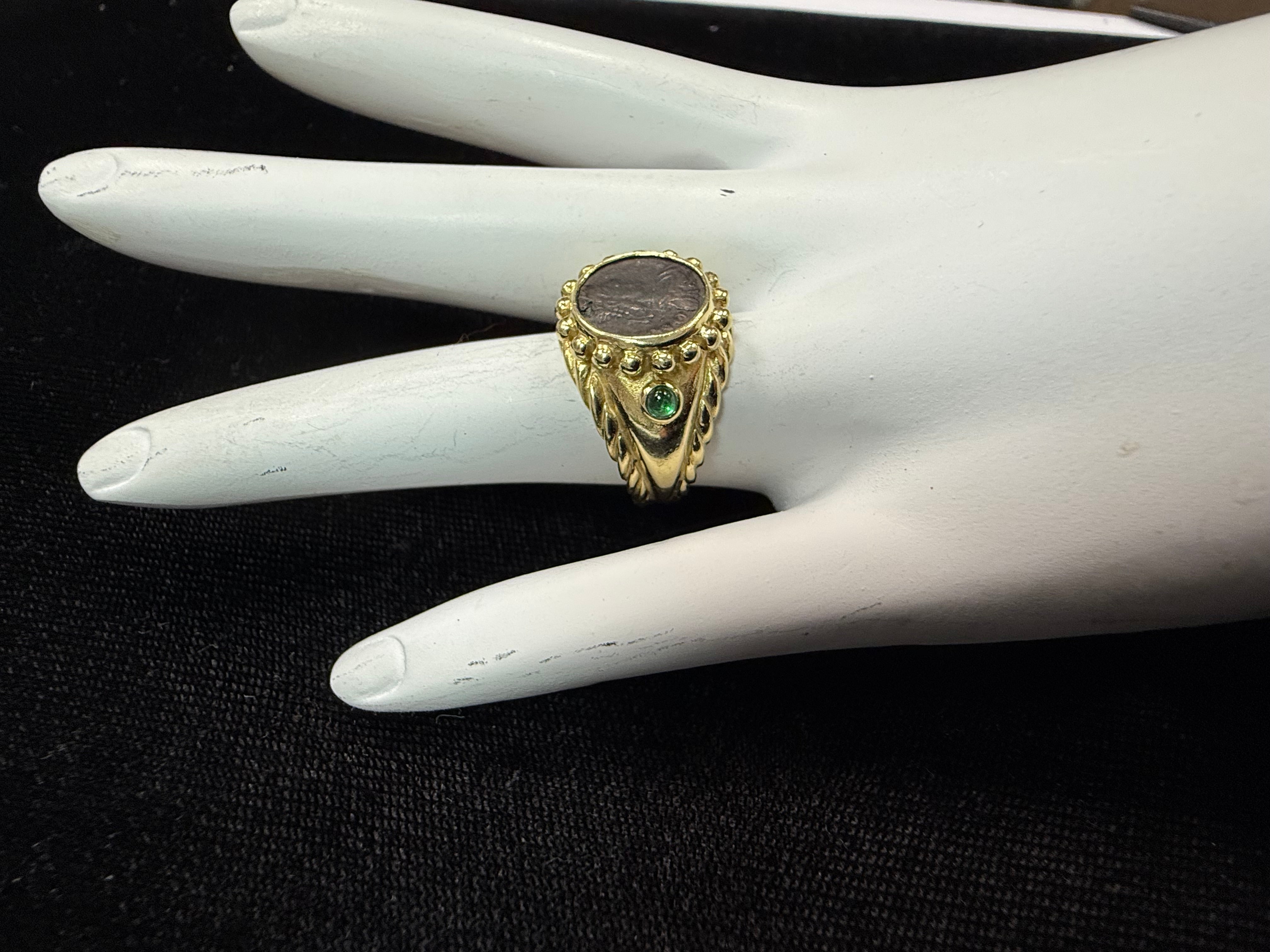 Retro Gold Roman Coin with Natural Emerald Statement Ring Circa 1980
