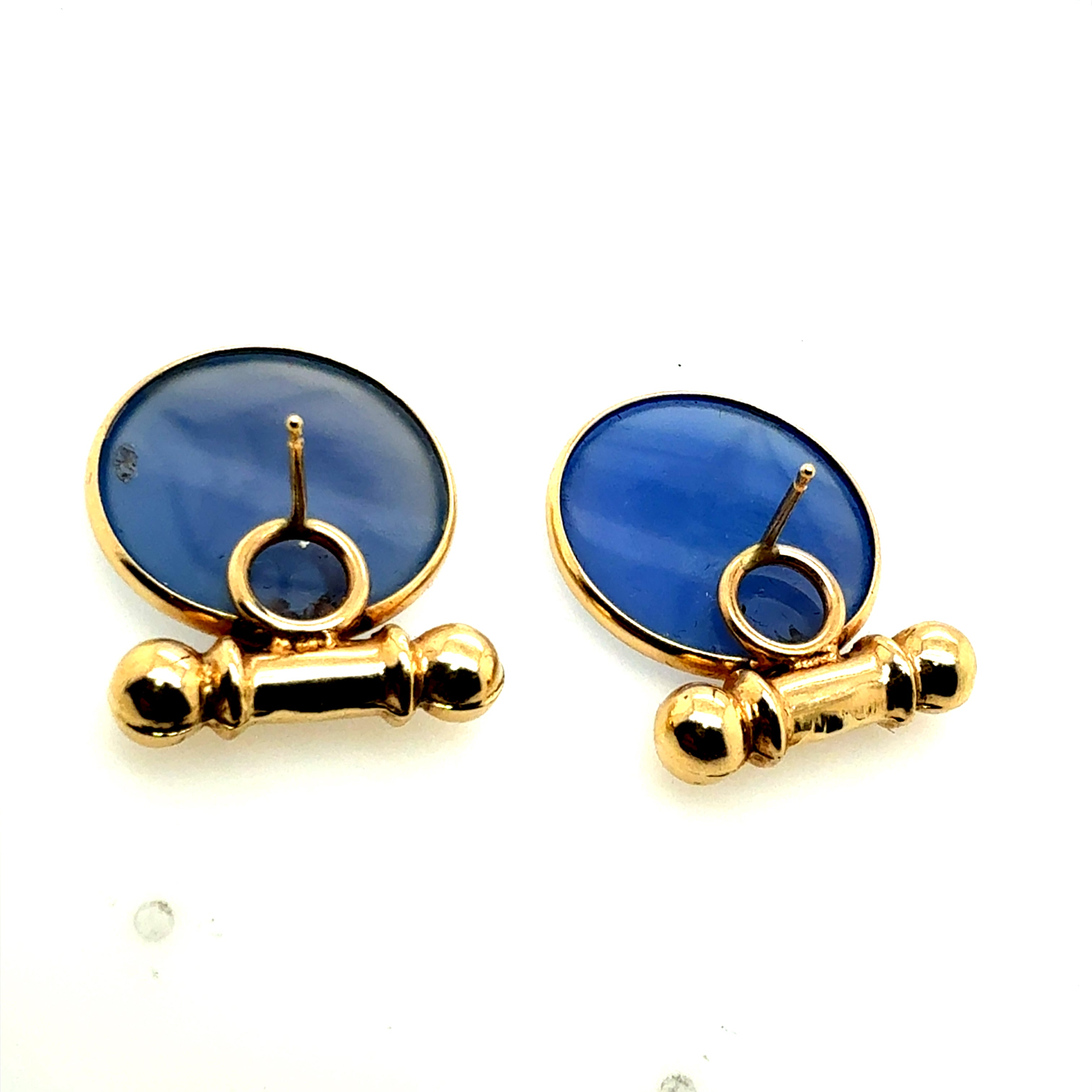 Retro Gold Earrings Bezel Set with Blue Roman Carnelian Intaglio Circa 1980