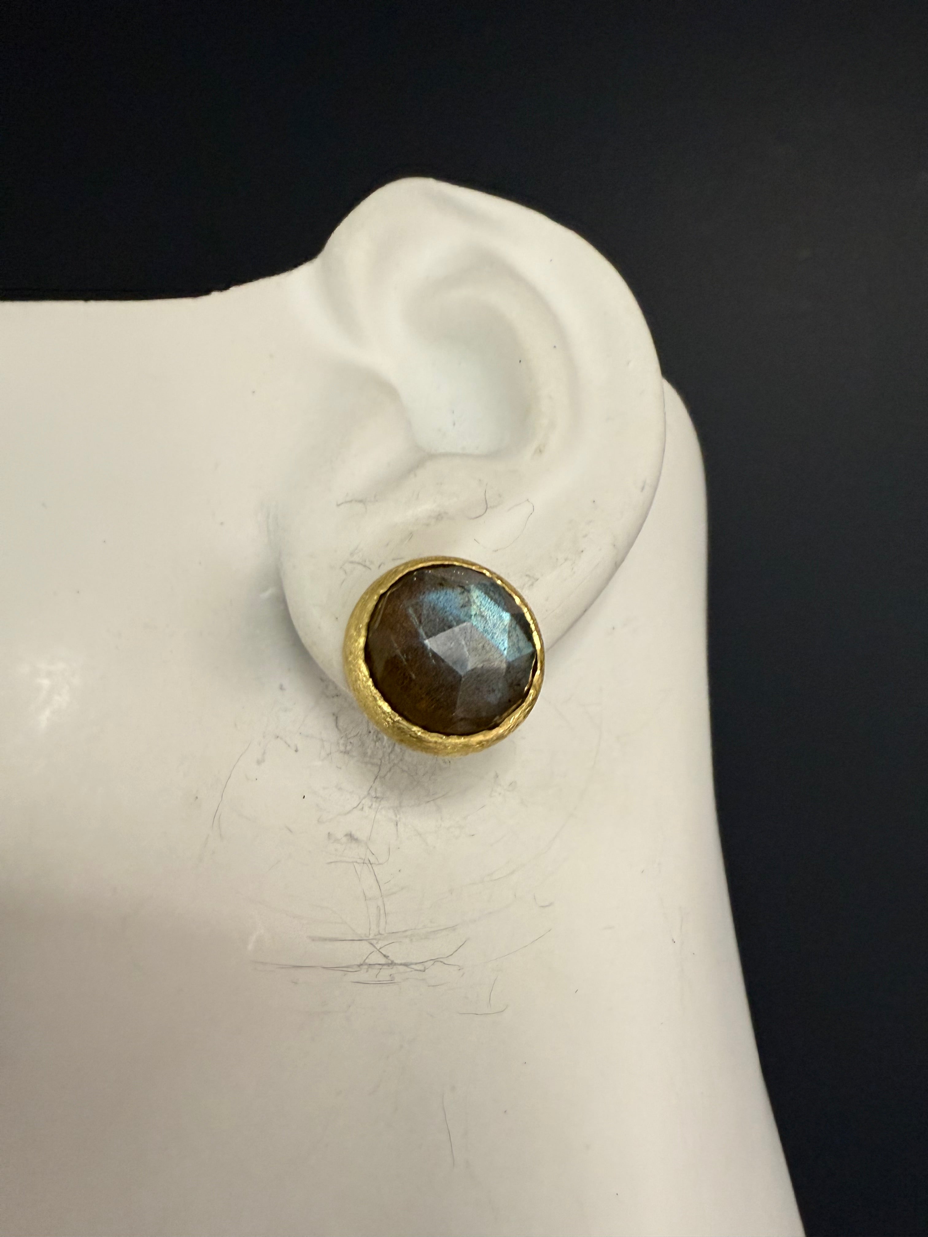 Modern Brushed Yellow Gold Rose-Cut Labradorite Statement Earrings