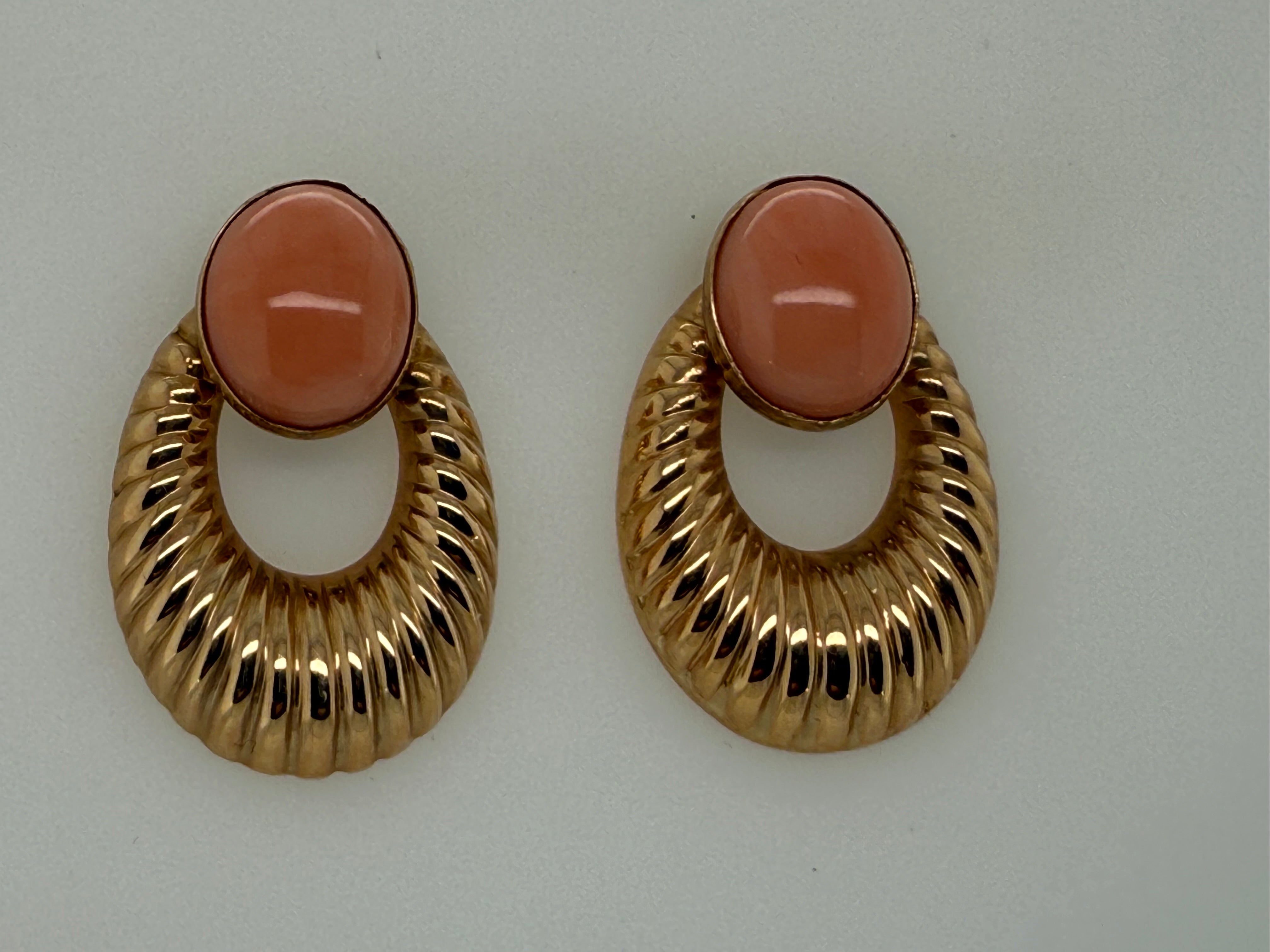 Retro Gold Pink Coral Cabochon Statement Earrings, Circa 1970