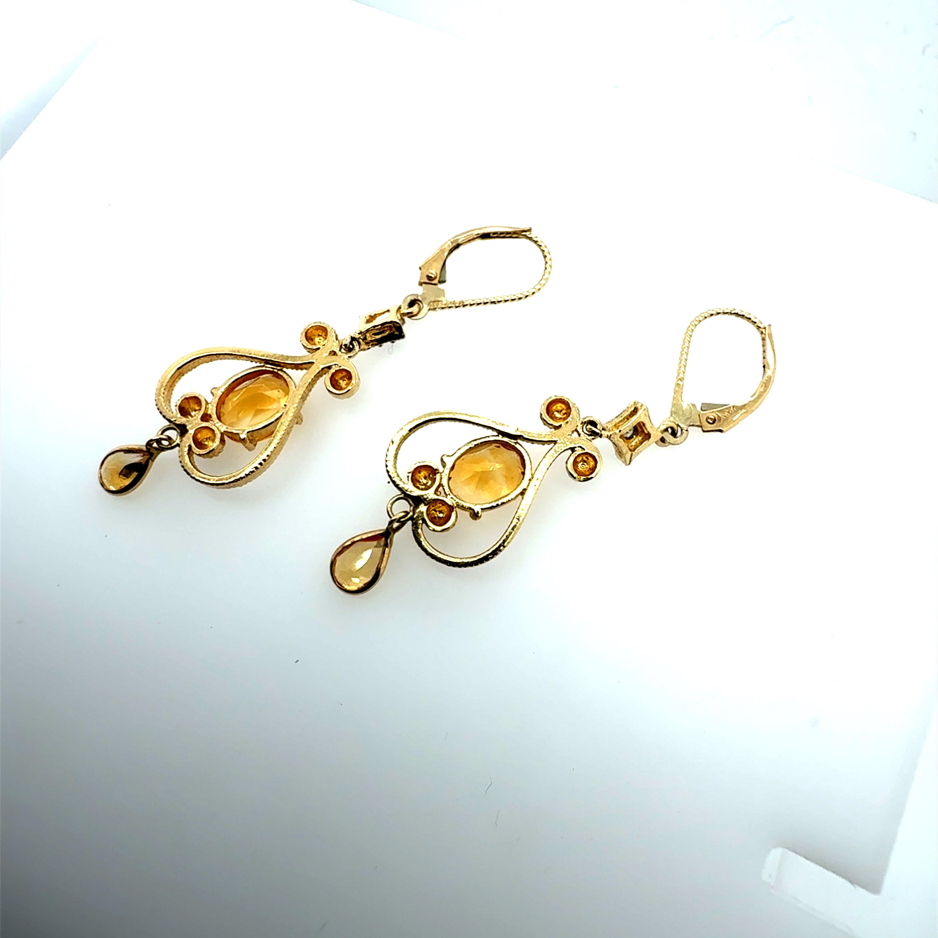 Modern Yellow Gold Natural Citrine Quartz and Diamond Drop Earrings