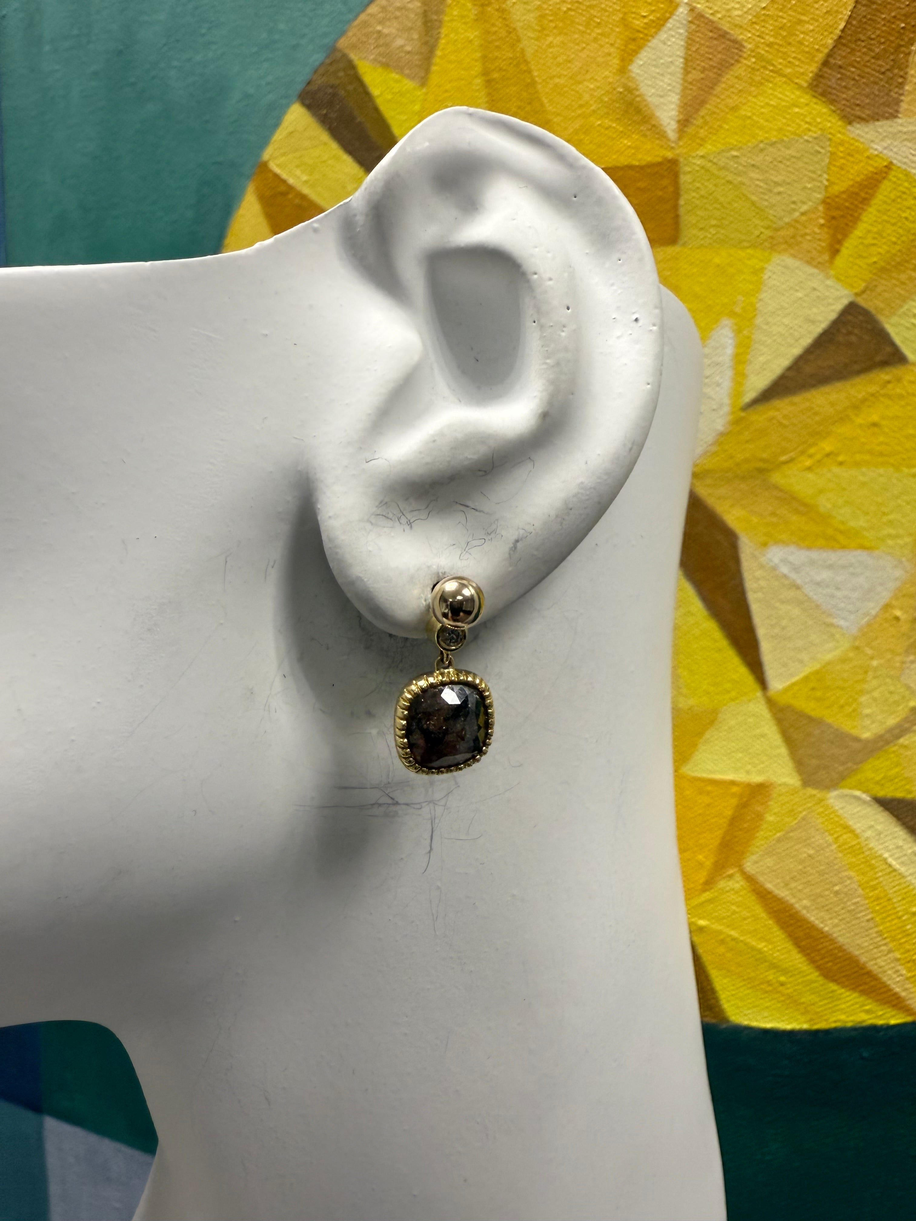 Retro Gold Champagne Brown Rose Cut Natural Diamond Drop Earrings Circa 1980