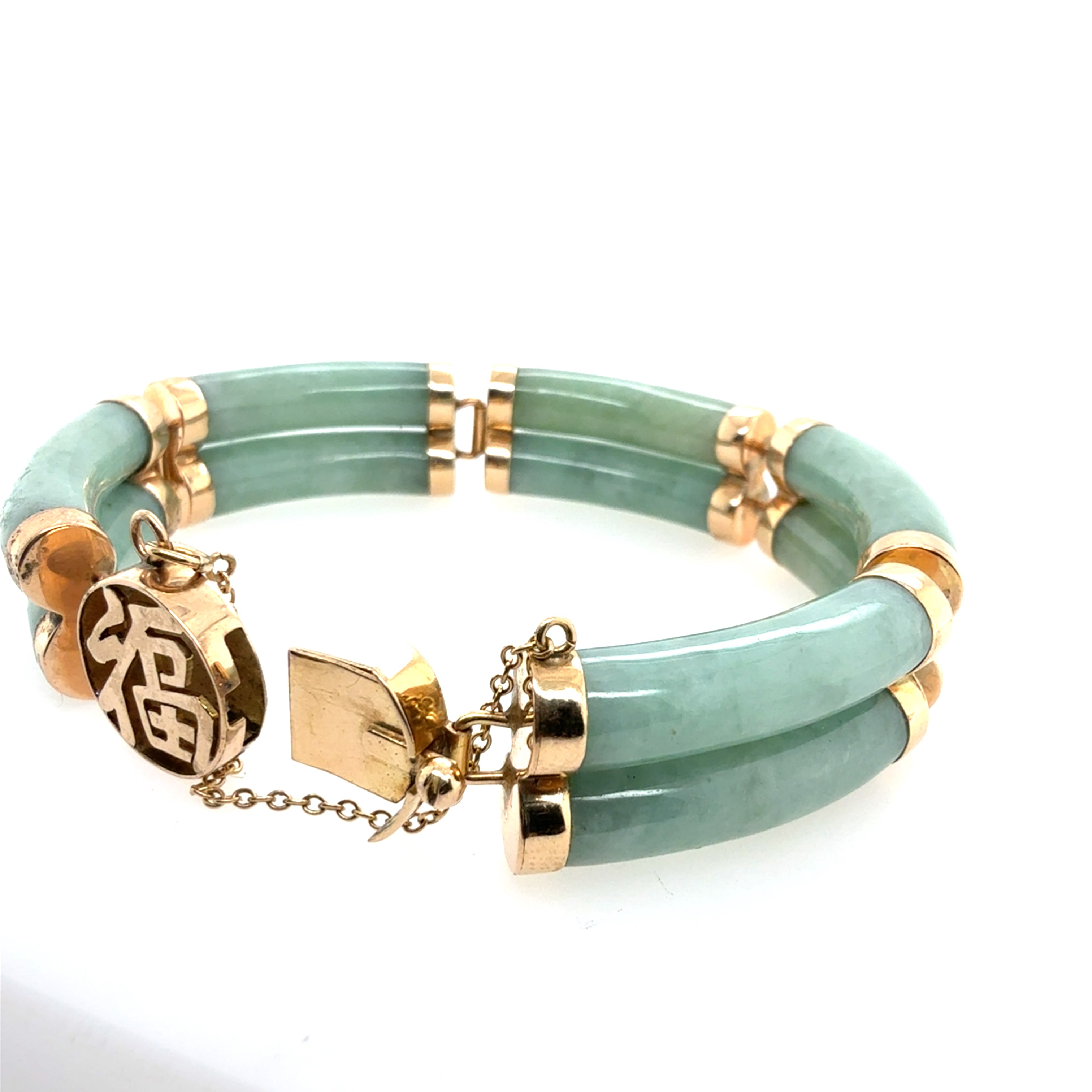 Antique Chinese Jade & 14K Gold Bracelet With Safety Chain 7.25 Inch