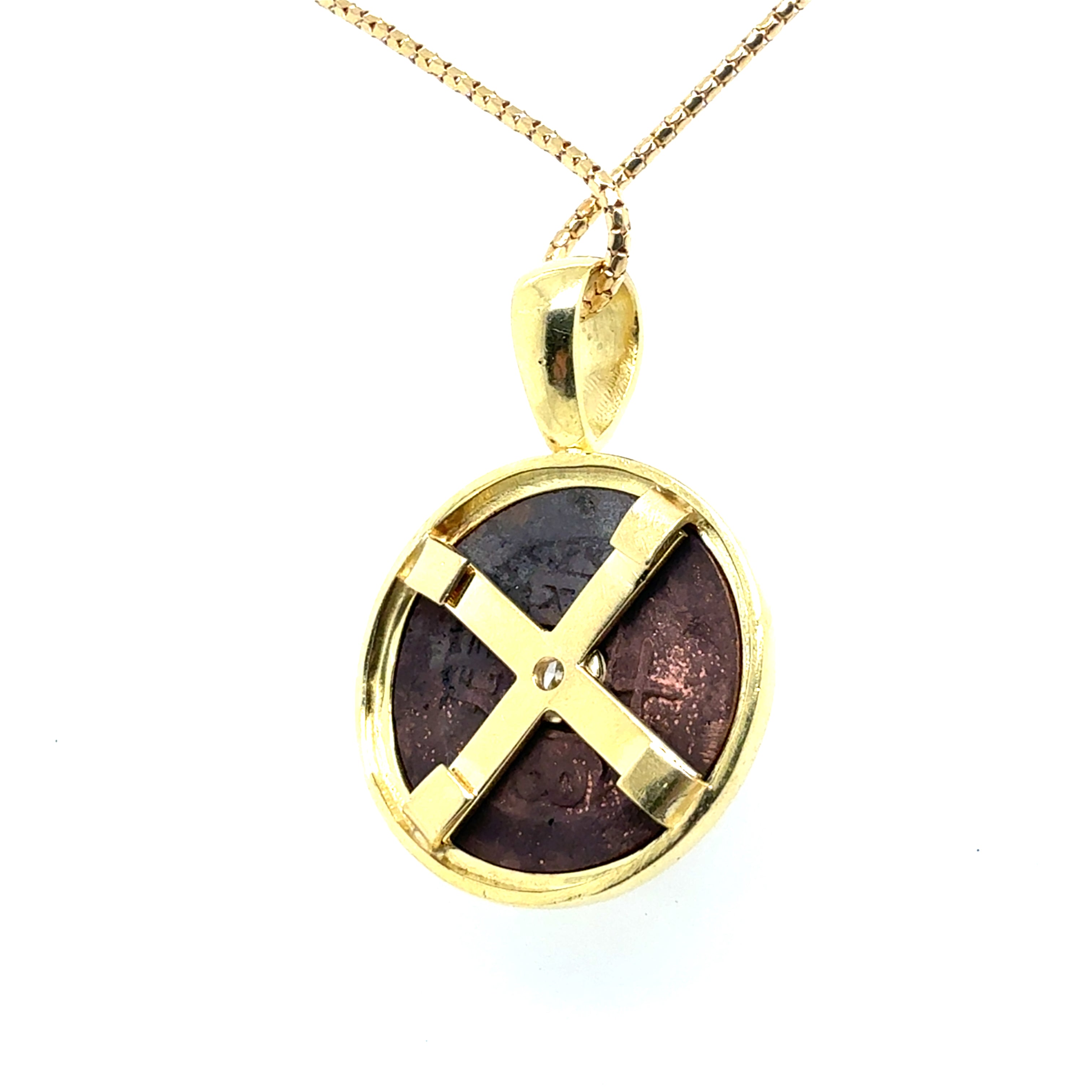 Retro Yellow Gold Chinese Bronze Coin & Diamond Pendant Circa 1980