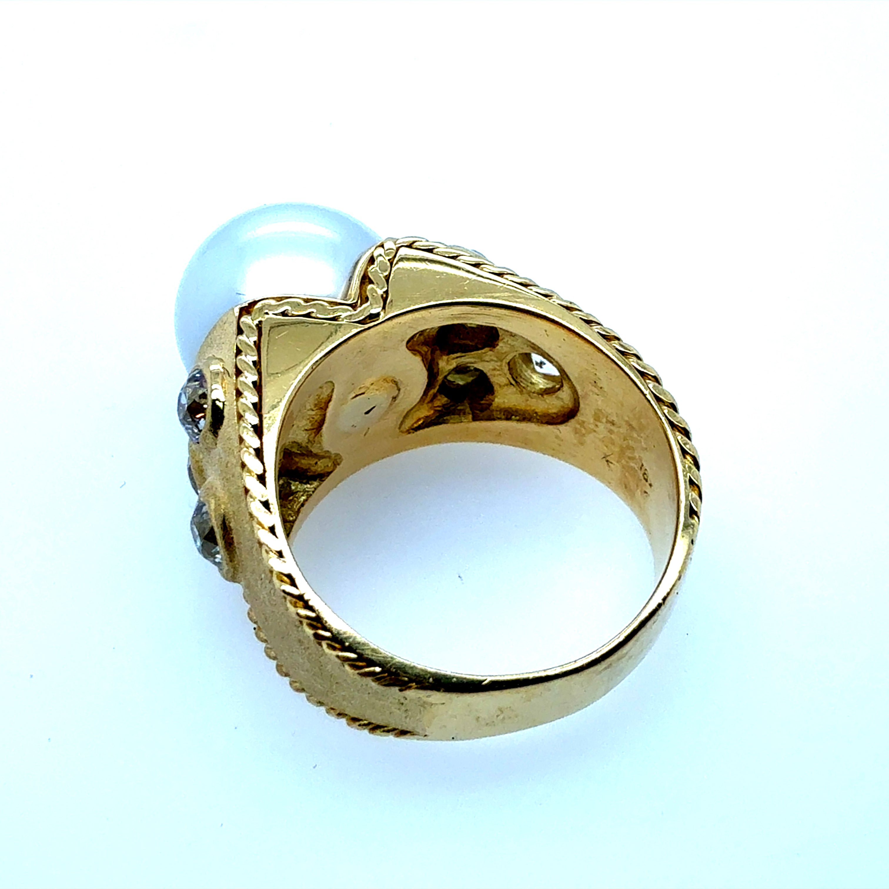 Retro Gold Natural 1 CT Old Mine Cut Diamond & South Sea Pearl Ring Circa 1990